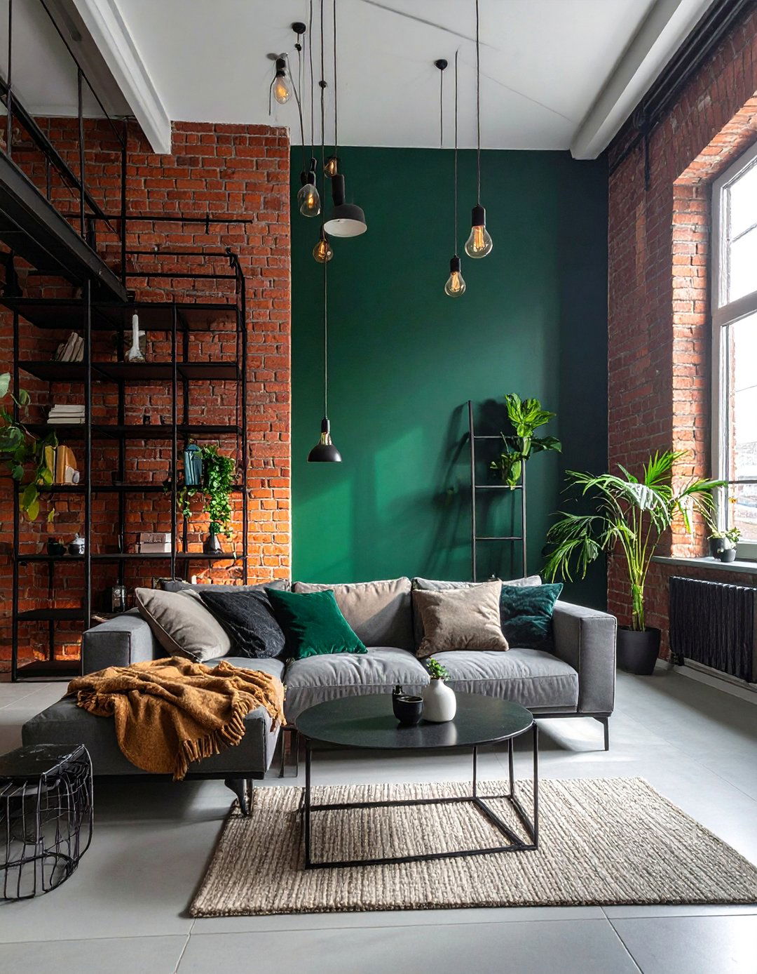 Dark Green Accent Wall with Industrial Elements - 40 Dark Green Accent Wall Ideas for Bold Spaces