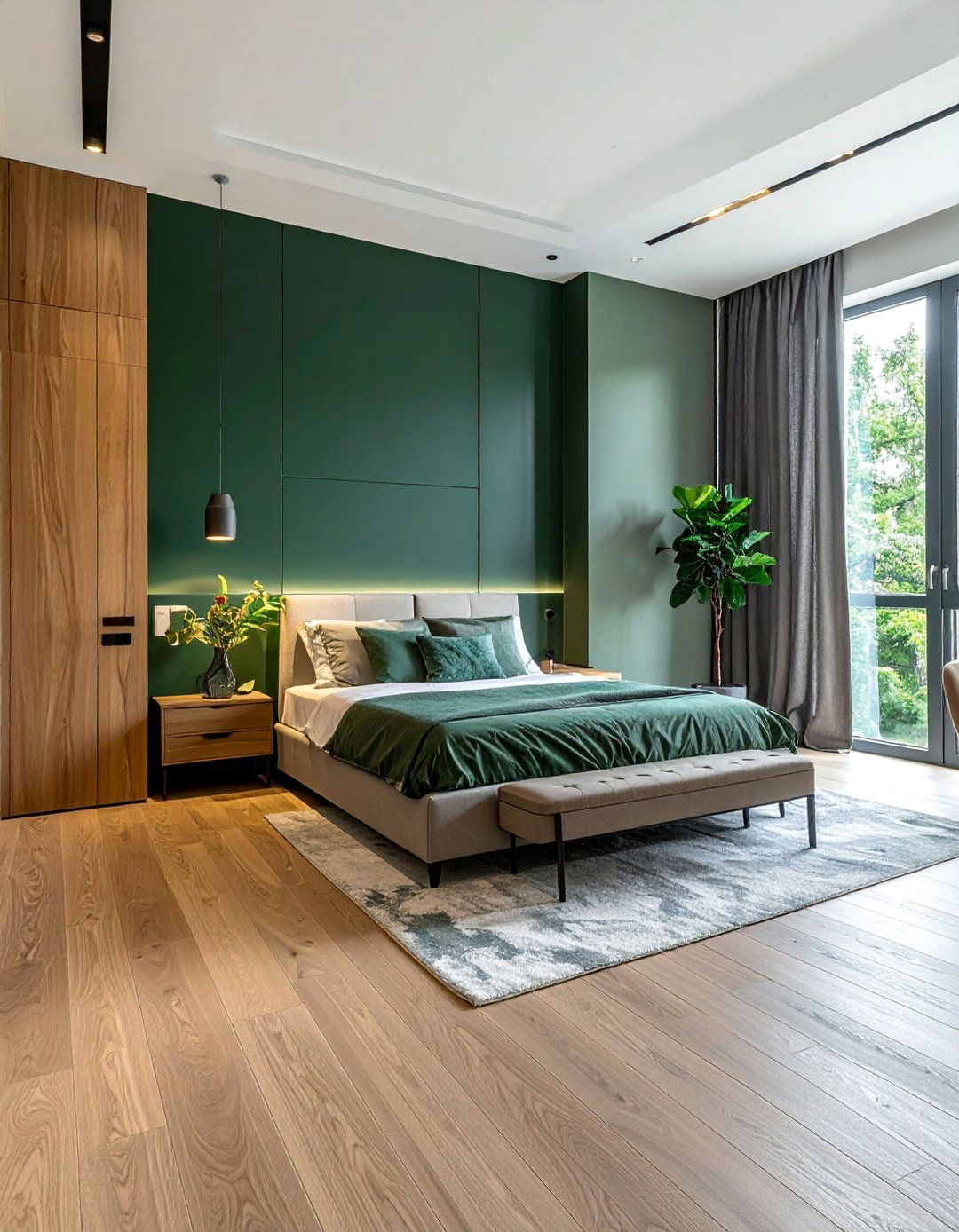 Dark Green Accent Wall with Light Wood Floors - 40 Dark Green Accent Wall Ideas for Bold Spaces