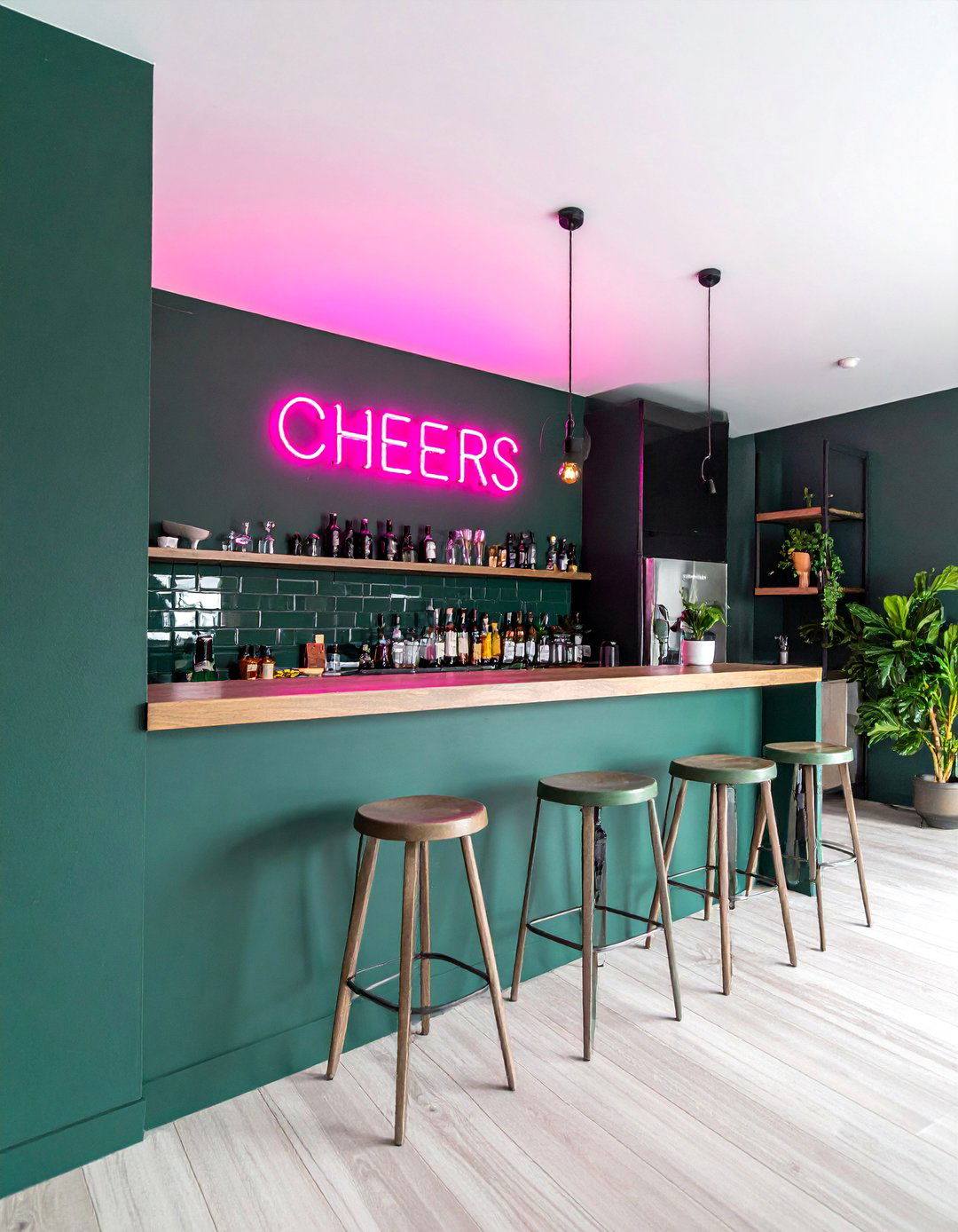 Dark Green Accent Wall with Neon Signage - 40 Dark Green Accent Wall Ideas for Bold Spaces