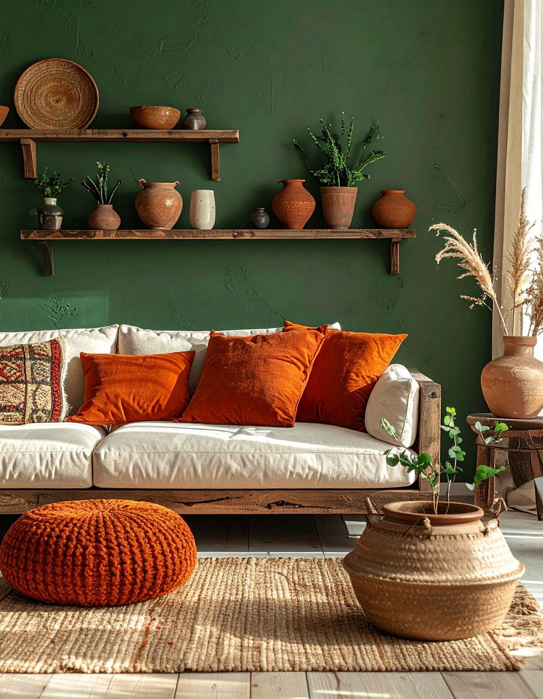 Dark Green Accent Wall with Terracotta Accents - 40 Dark Green Accent Wall Ideas for Bold Spaces