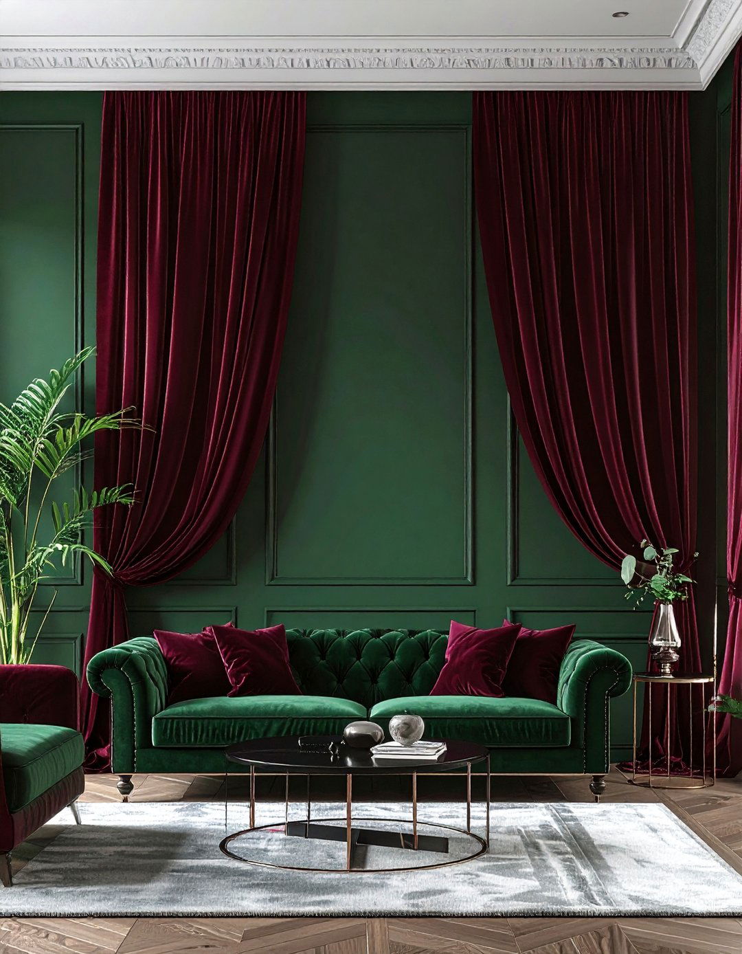 Dark Green Accent Wall with Velvet Curtains - 40 Dark Green Accent Wall Ideas for Bold Spaces