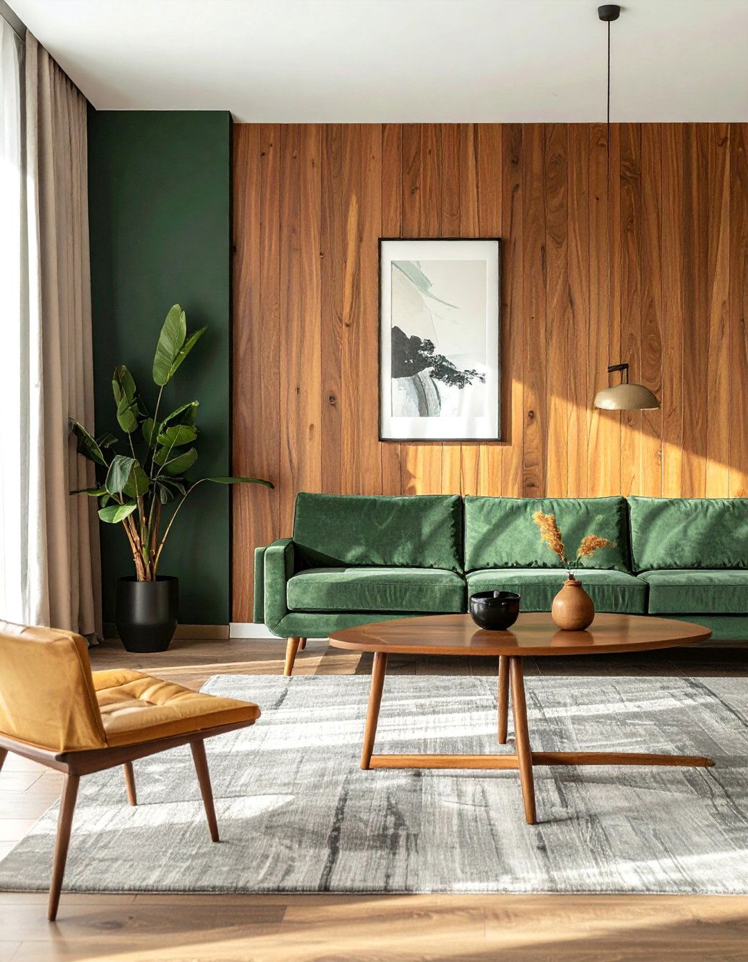 Dark Green Accent Wall with Warm Wood Paneling - 40 Dark Green Accent Wall Ideas for Bold Spaces