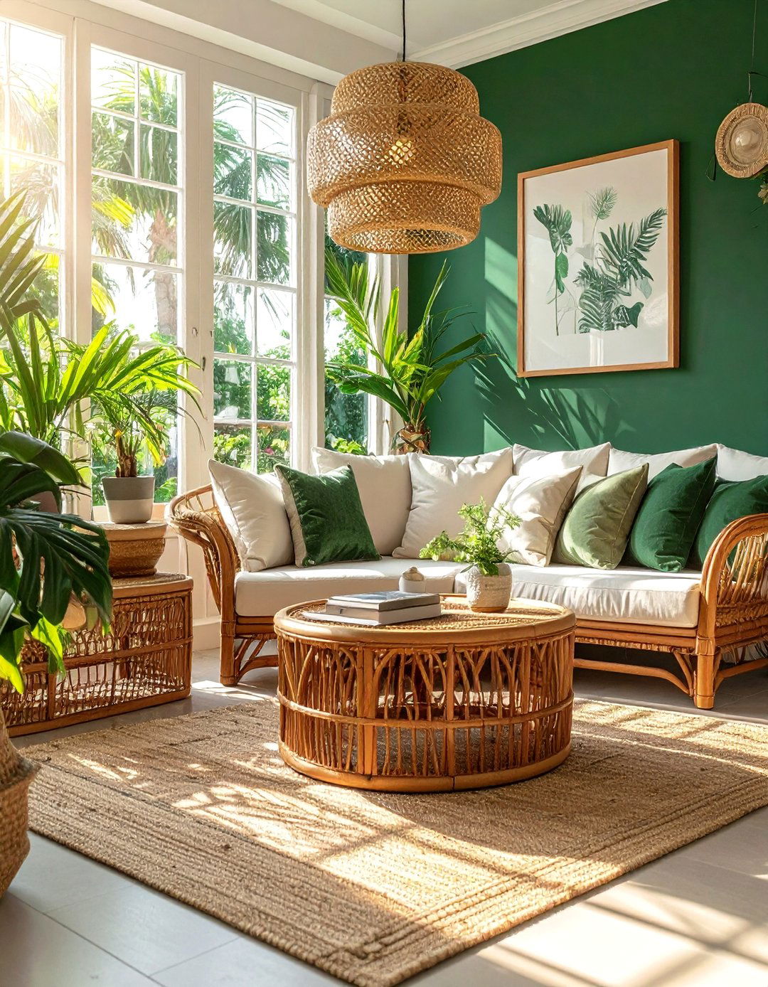 Dark Green Accent Wall with Wicker and Rattan - 40 Dark Green Accent Wall Ideas for Bold Spaces