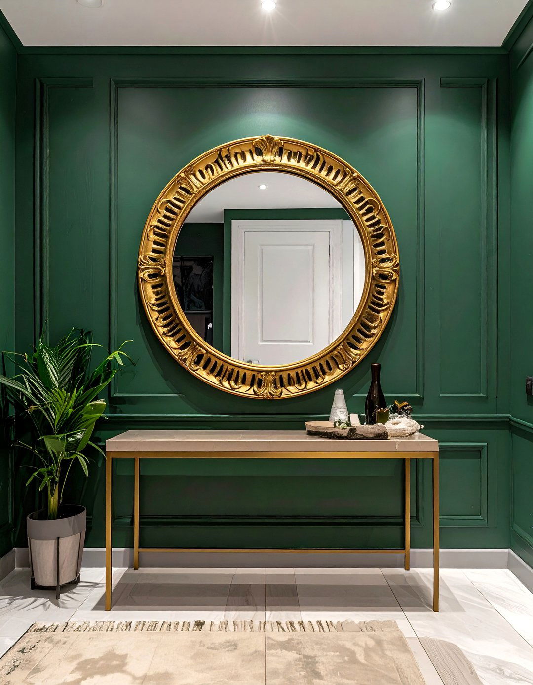 Dark Green Accent Wall with a Large Mirror - 40 Dark Green Accent Wall Ideas for Bold Spaces