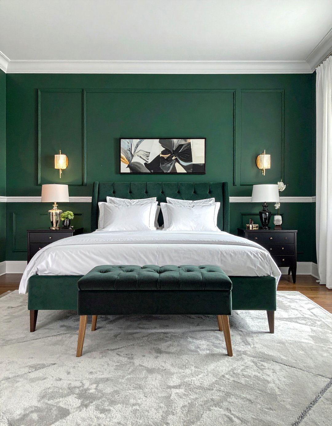 Dark Green Accent Wall with a White Trim - 40 Dark Green Accent Wall Ideas for Bold Spaces