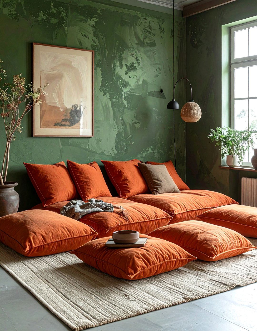 Dark Green Limewash Walls and Terracotta Floor Cushions - 20 Green and Terracotta Living Room Ideas for Warmth
