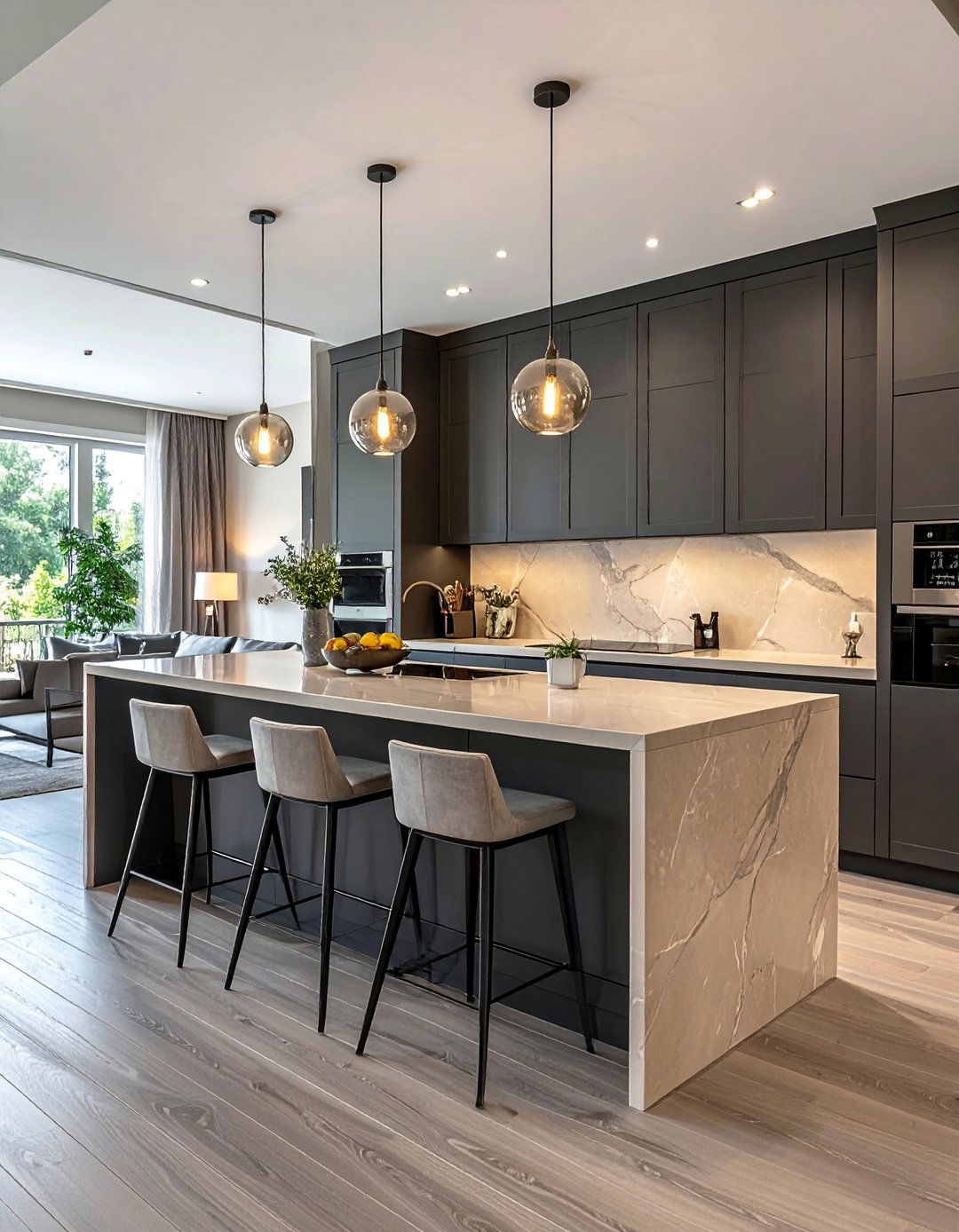 Dark Grey Cabinetry with Beige Countertops - 30 Grey and Beige Living Room Ideas for Warmth