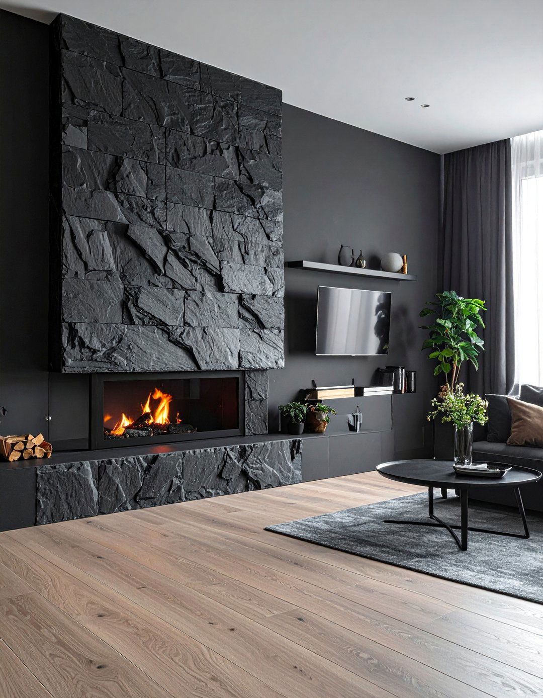 Dark Living Room Incorporating Natural Stone - 30 Dark Living Room Ideas for a Moody Aesthetic