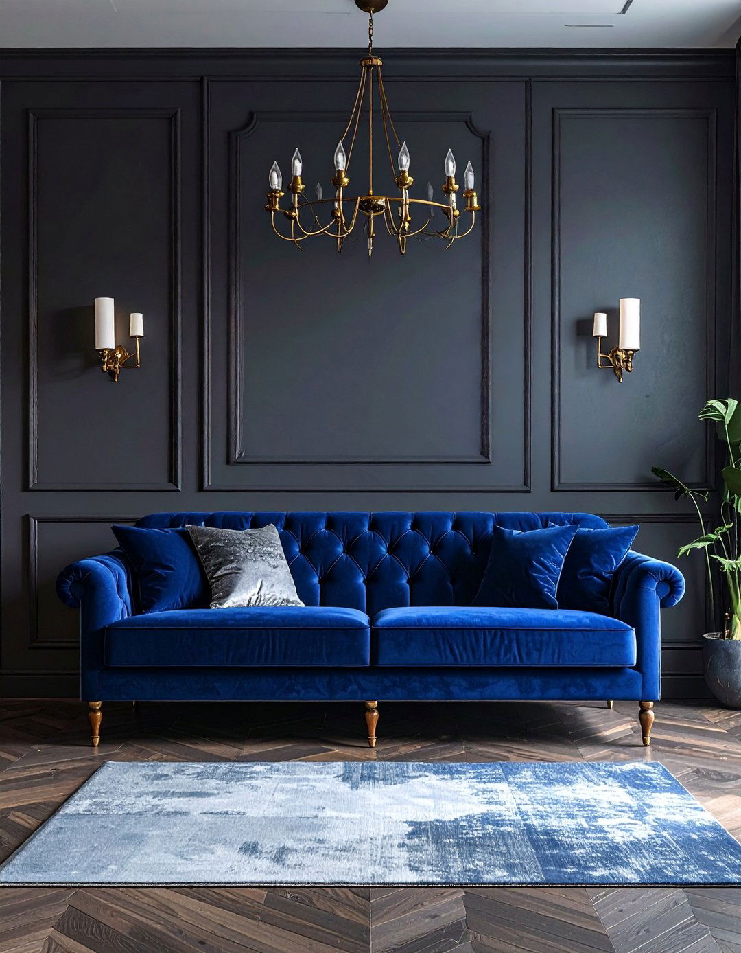Dark Living Room Showcasing a Velvet Sofa - 30 Dark Living Room Ideas for a Moody Aesthetic