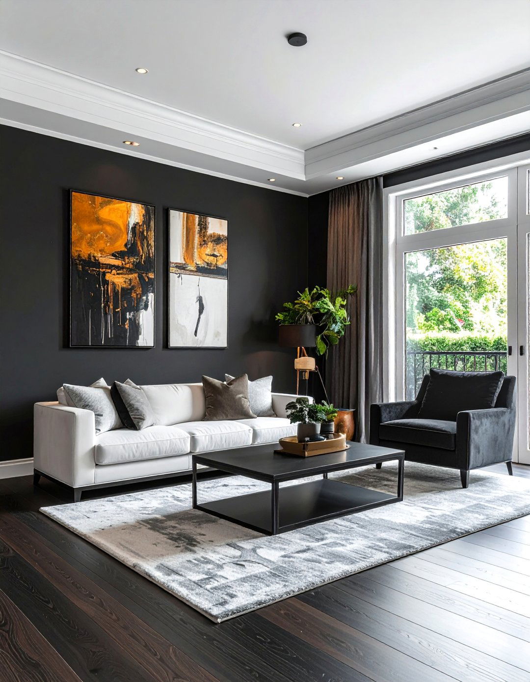 Dark Living Room with Contrasting White Trim - 30 Dark Living Room Ideas for a Moody Aesthetic