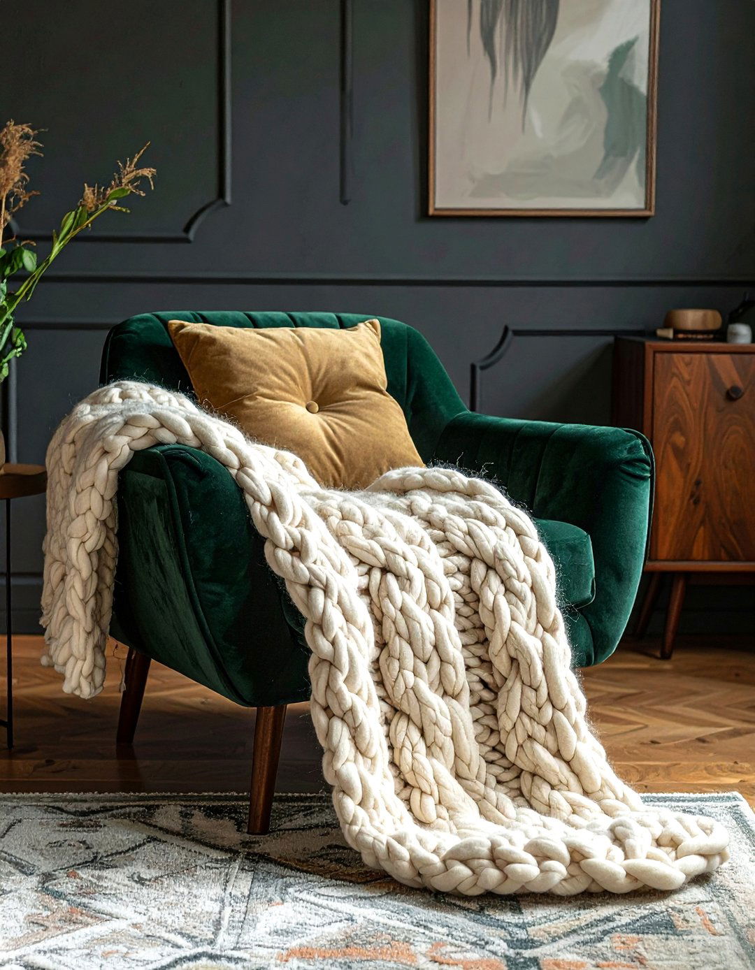Dark Living Room with Textural Throw Blankets - 30 Dark Living Room Ideas for a Moody Aesthetic