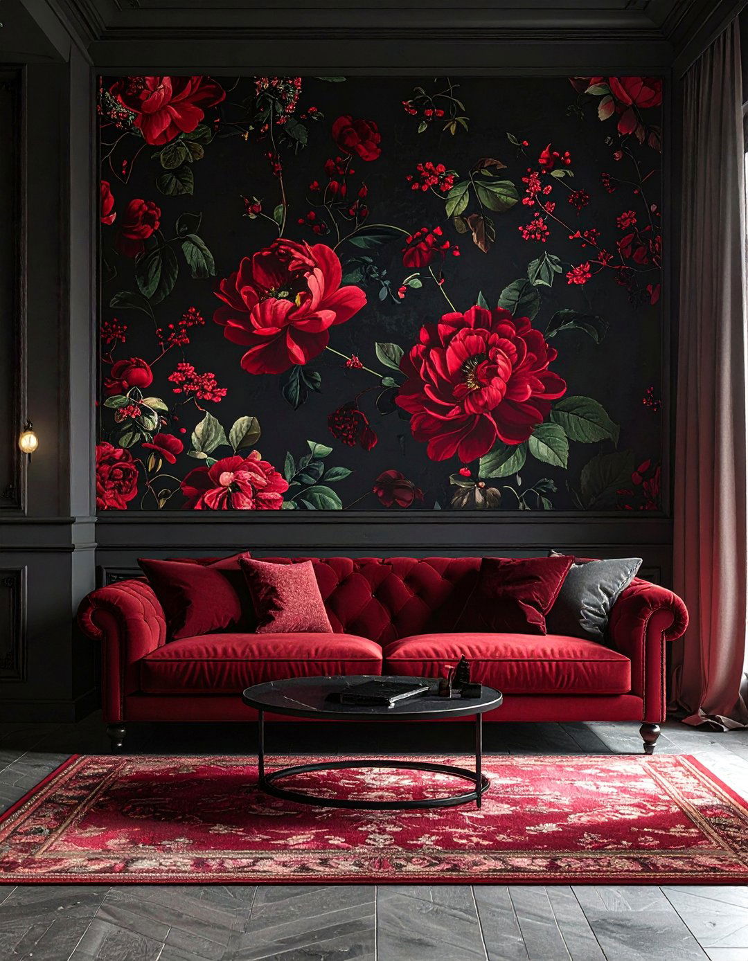 Dark Living Room with a Dark Floral Wallpaper - 30 Dark Living Room Ideas for a Moody Aesthetic