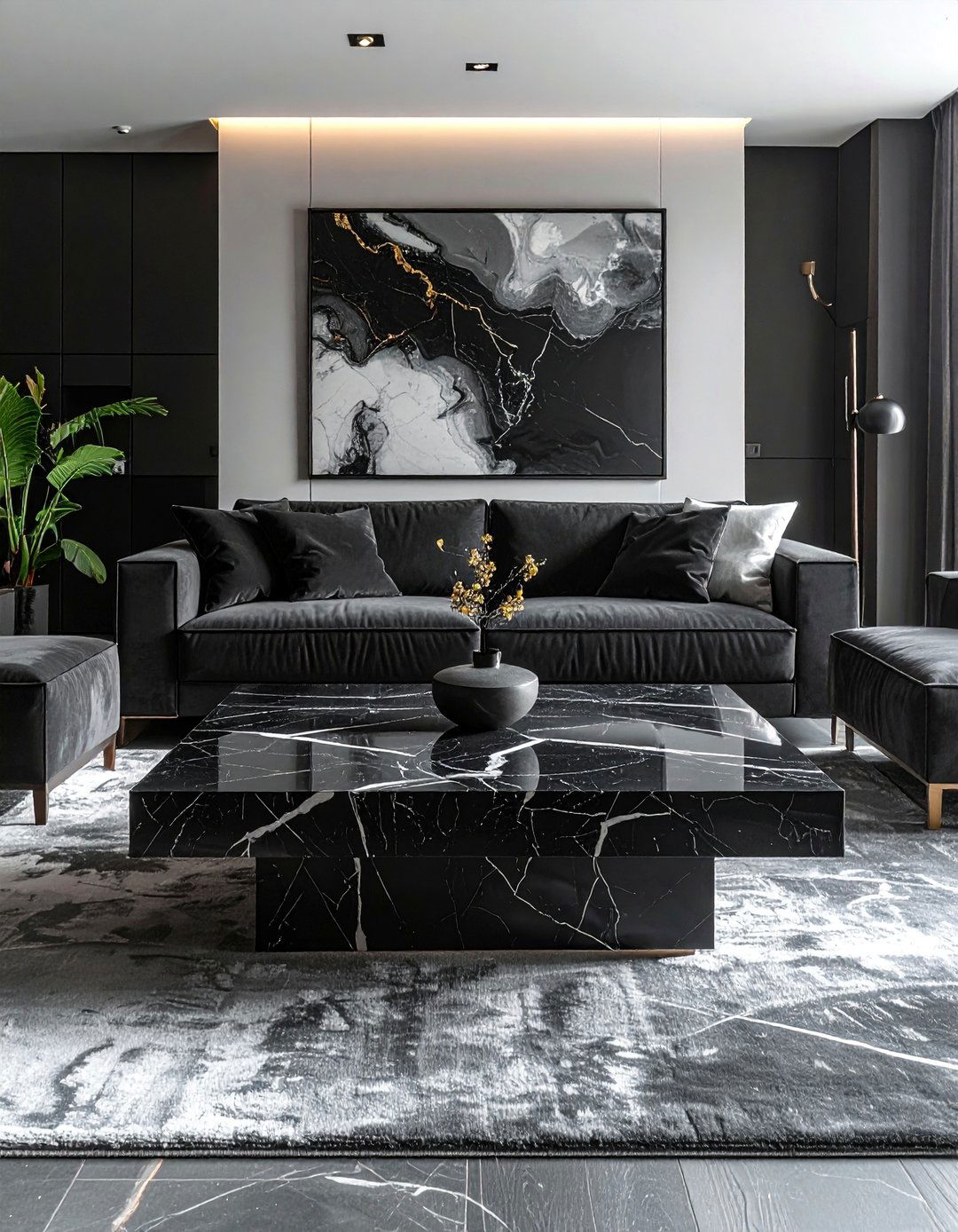 Dark Living Room with a Marble Coffee Table - 30 Dark Living Room Ideas for a Moody Aesthetic