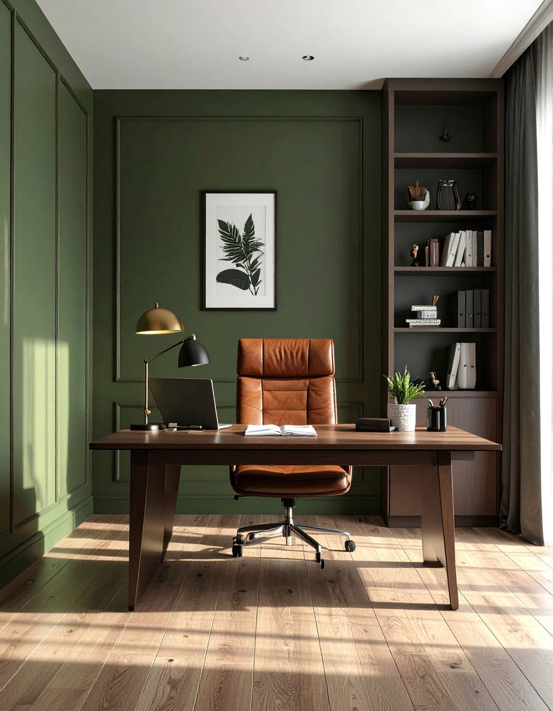 Dark Olive Green Accent Wall in a Home Office - 40 Dark Green Accent Wall Ideas for Bold Spaces