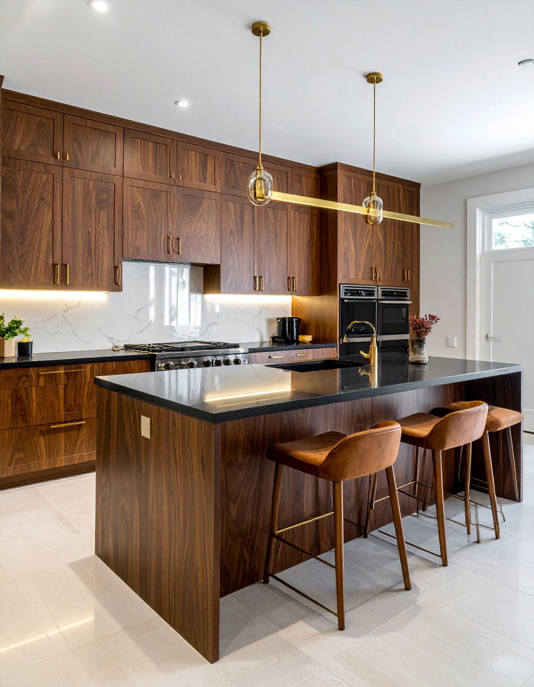 Dark Walnut Cabinets with Polished Black Quartz Countertops - 20 Kitchen with Brown Cabinets and Black Countertops