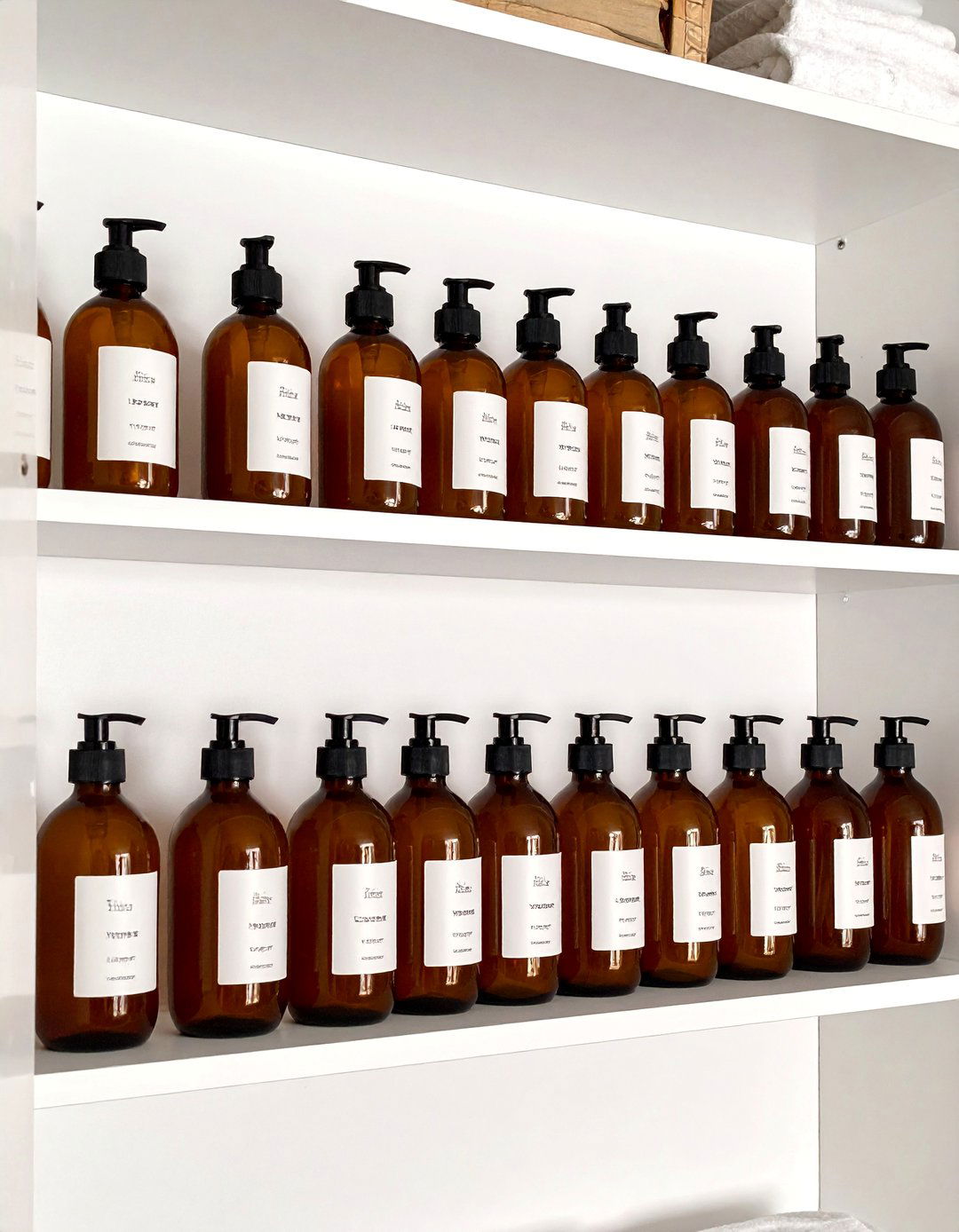 Decant Toiletries into Uniform Bottles - 30 Linen Closet Organization Ideas for a Tidy Home