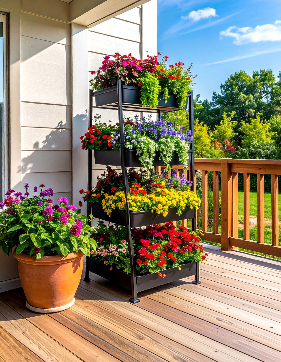 Deck Decorating with Tiered Planters - 25 Deck Decorating Ideas With Plants for a Lush Oasis