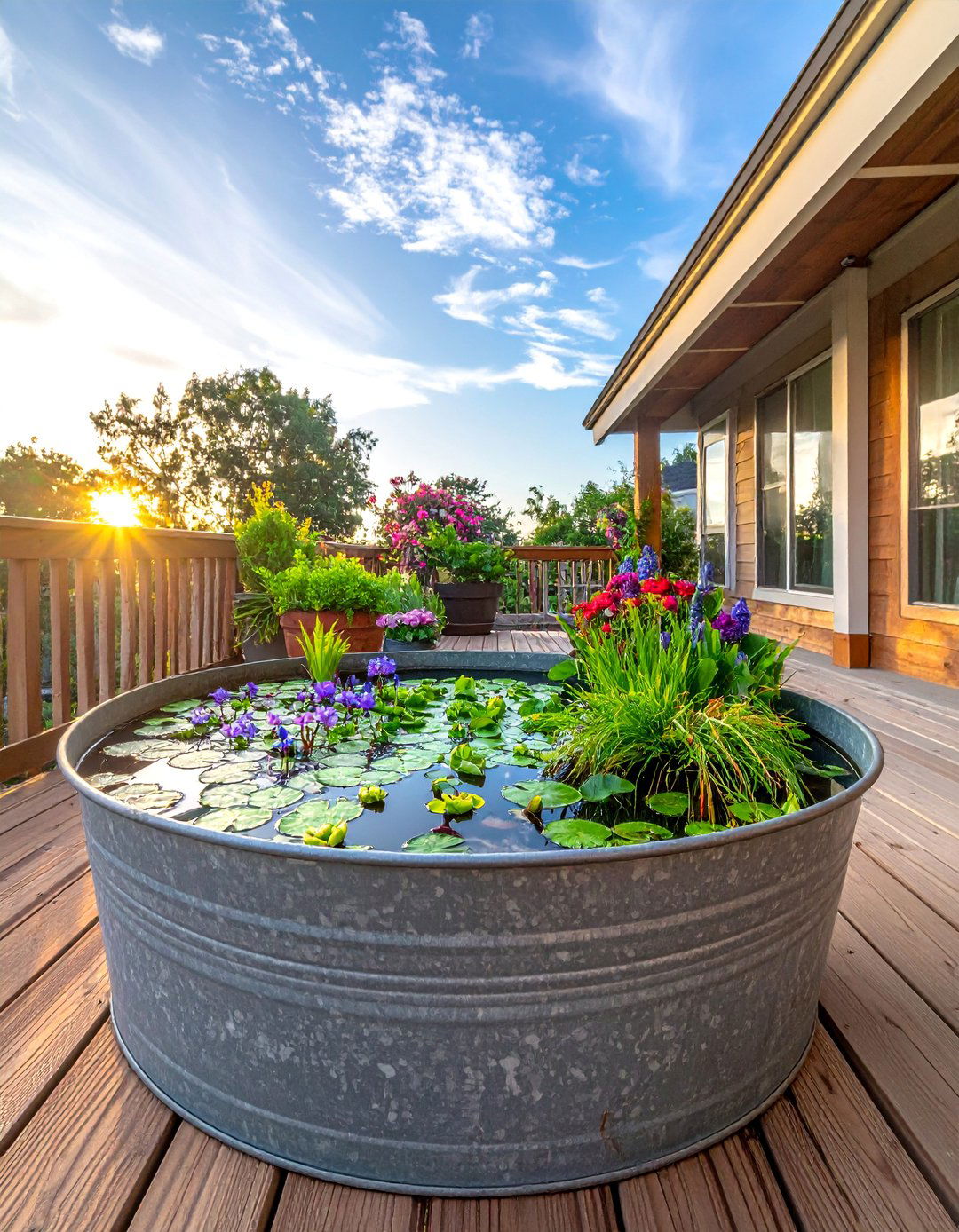 Deck Decorating with a Container Water Garden - 25 Deck Decorating Ideas With Plants for a Lush Oasis