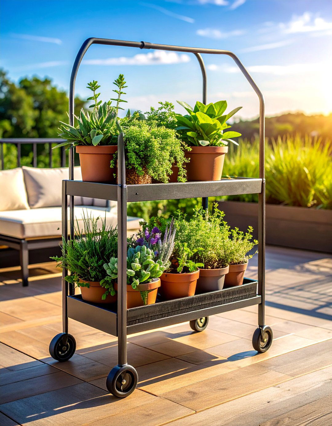 Deck Decorating with a Mobile Plant Cart - 25 Deck Decorating Ideas With Plants for a Lush Oasis