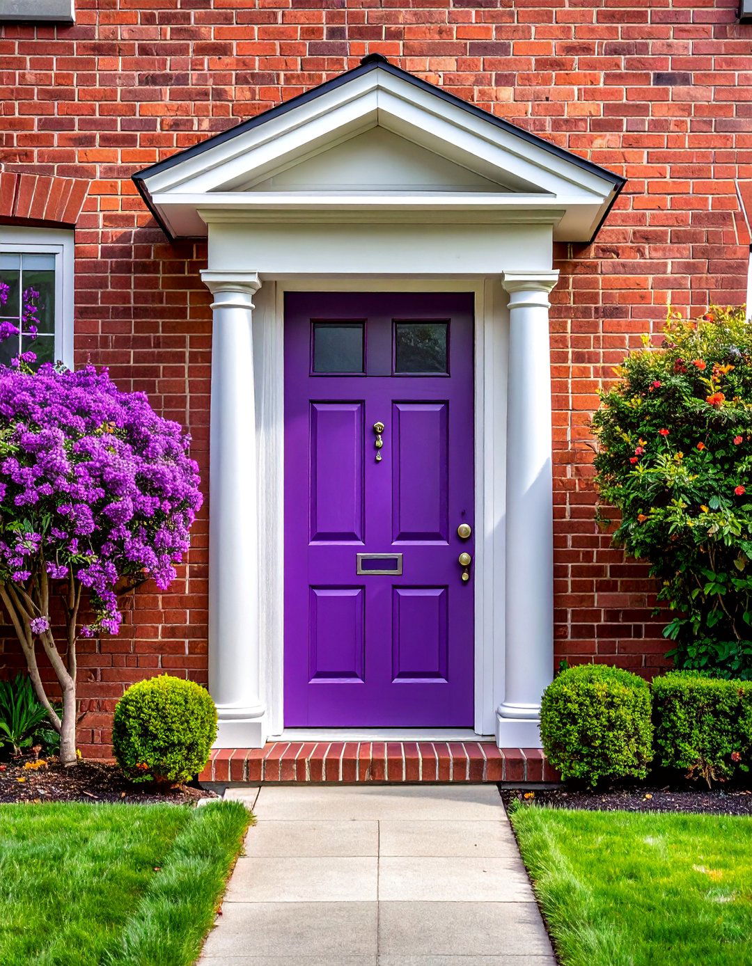 Deep Plum Purple Front Door on a Brick Exterior - 20 Purple Front Door Ideas for a Bold Entrance