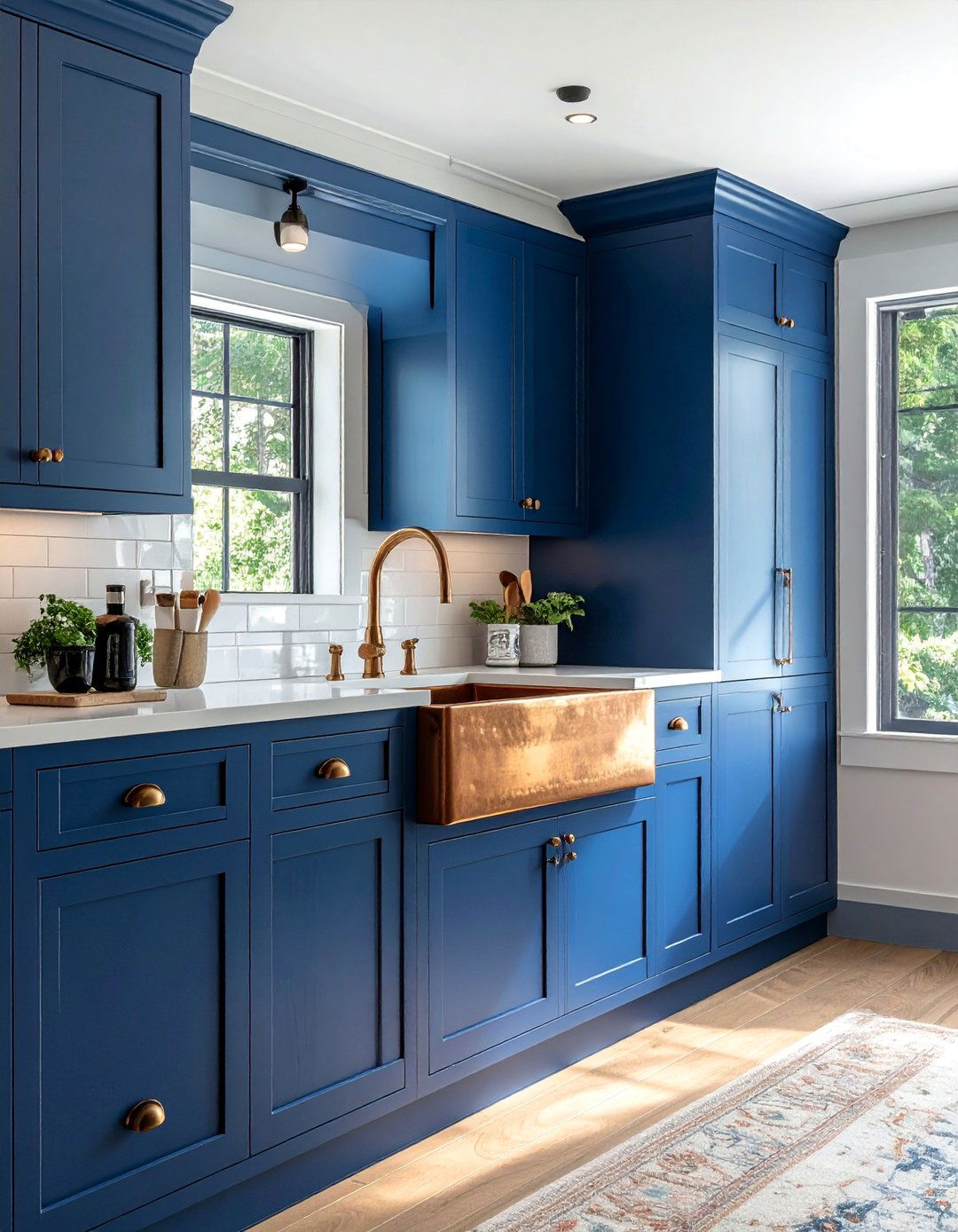 Deep Sapphire Blue Cabinets with a Copper Sink - 30 Blue Farmhouse Kitchen Cabinets for a Cozy Feel