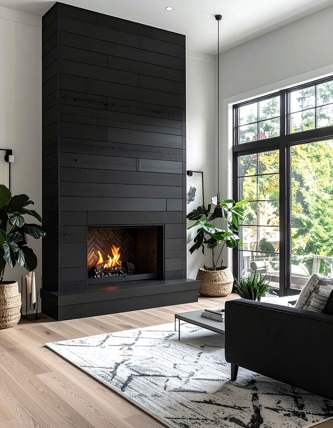 Diagonal Black Shiplap Fireplace for a Dynamic Look - 40 Black Shiplap Fireplace Ideas for a Bold and Cozy Focal Point