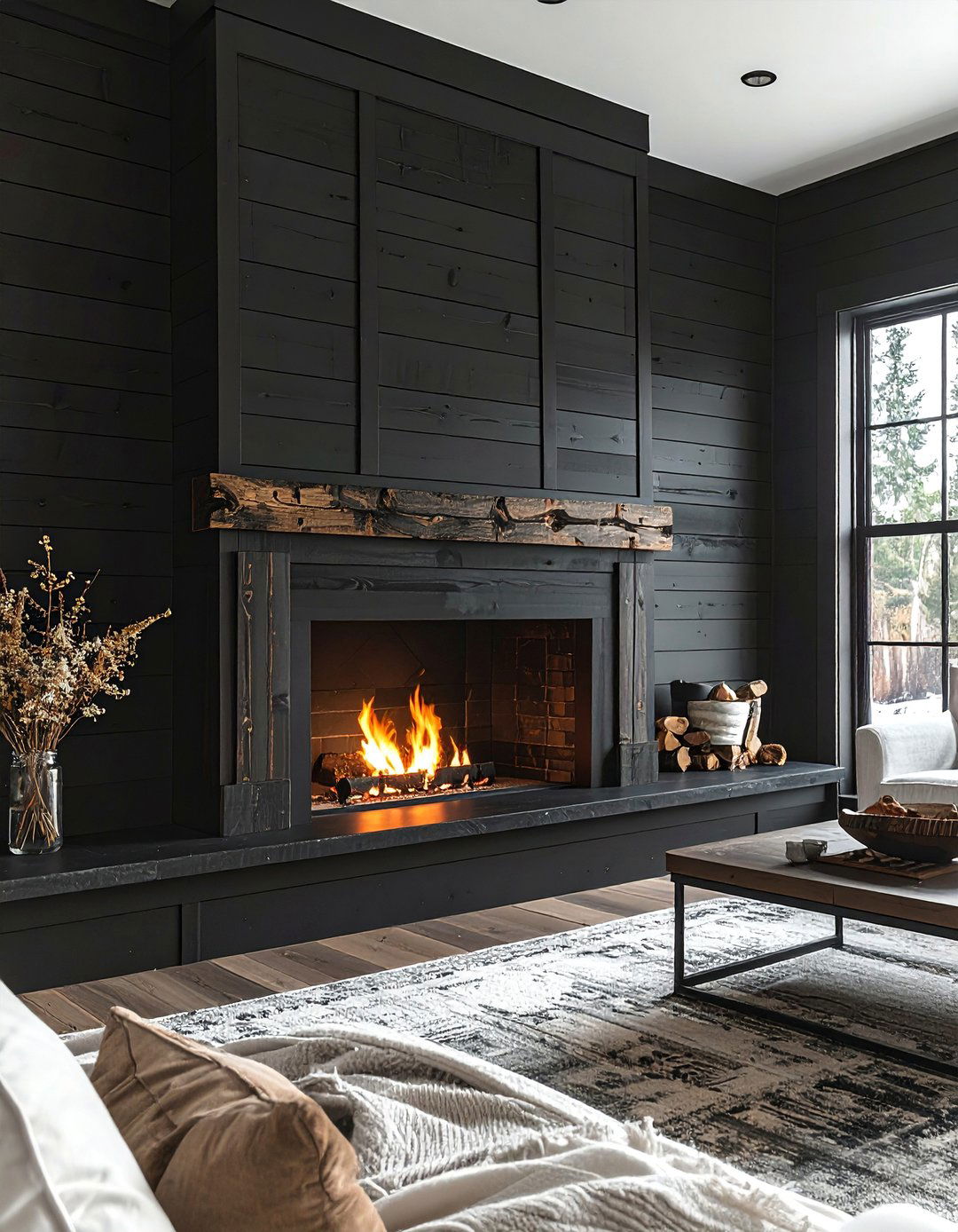 Distressed Black Shiplap Fireplace for a Rustic Vibe - 40 Black Shiplap Fireplace Ideas for a Bold and Cozy Focal Point