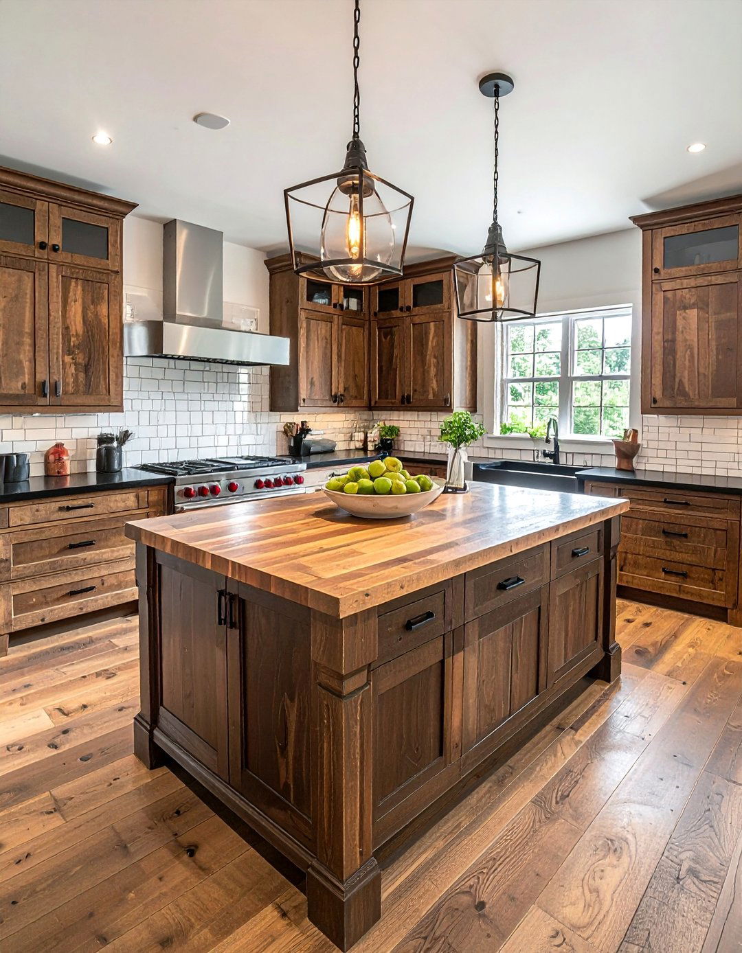 Distressed Brown Cabinets with a Butcher Block Island and Black Perimeter Countertops - 20 Kitchen with Brown Cabinets and Black Countertops