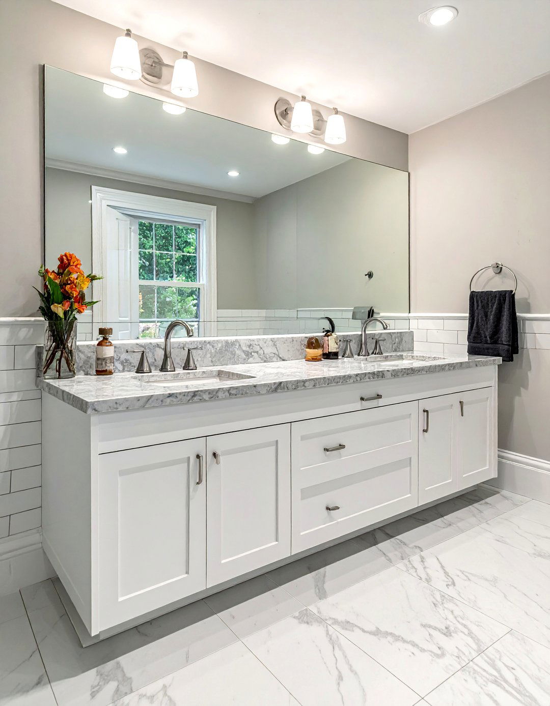 Double Sink Marble Topped Bathroom Vanity - 40 Bathroom Vanity Ideas to Elevate Your Space