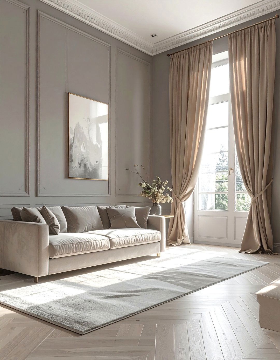 Dove Grey Walls and Beige Velvet Curtains - 30 Grey and Beige Living Room Ideas for Warmth