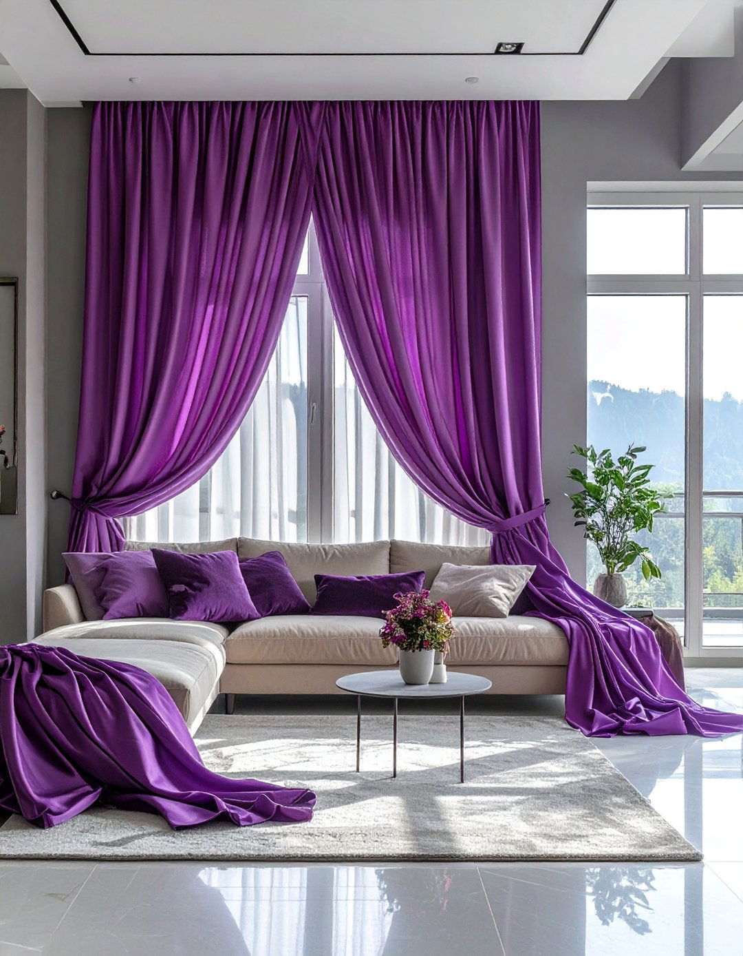 Dramatic Orchid Purple Curtains - 25 Purple Living Room Ideas for a Luxurious Vibe