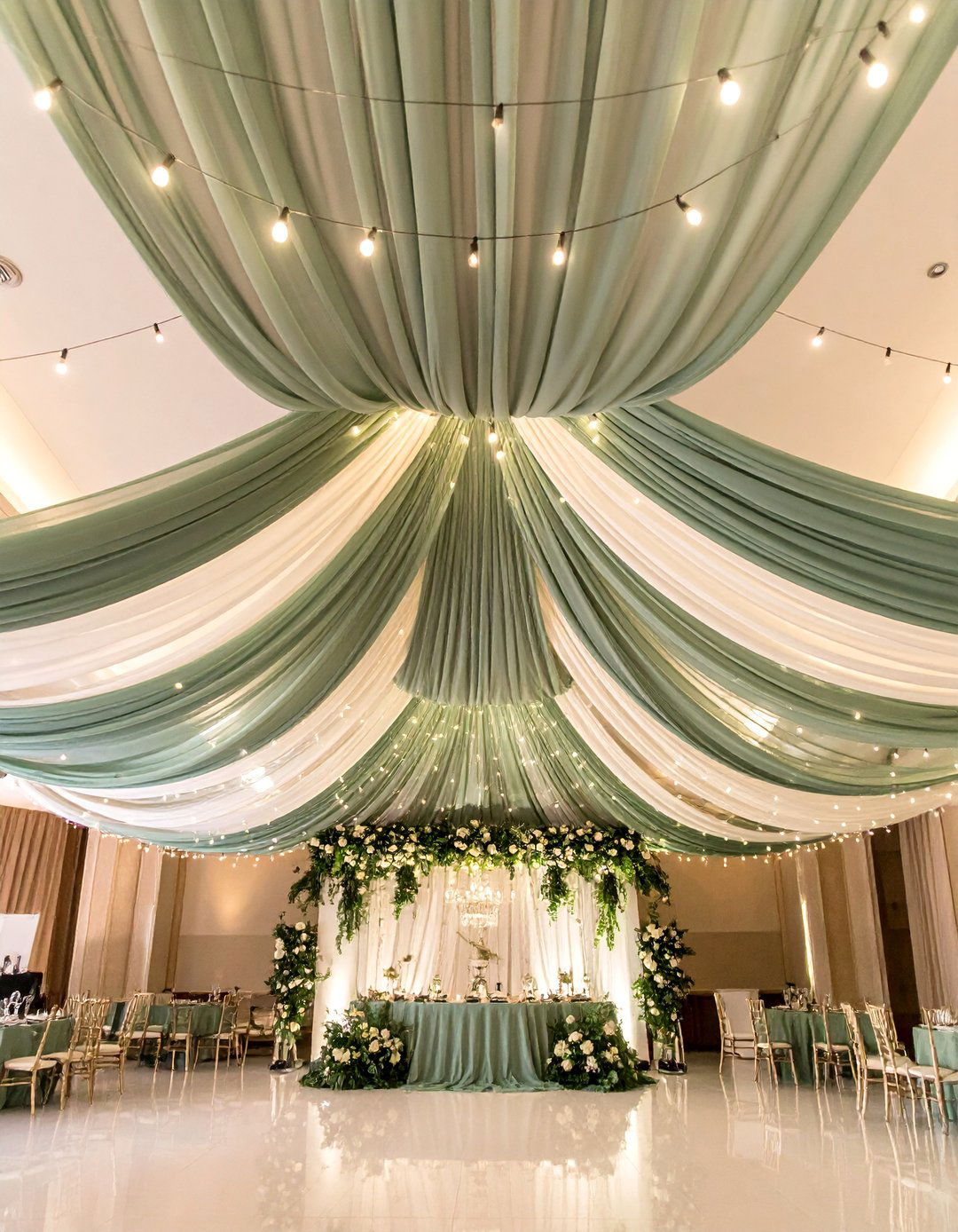 Draped Sage Green Fabric for Reception Ceilings - 30 Stunning Sage Green Wedding Ideas for a Serene Day