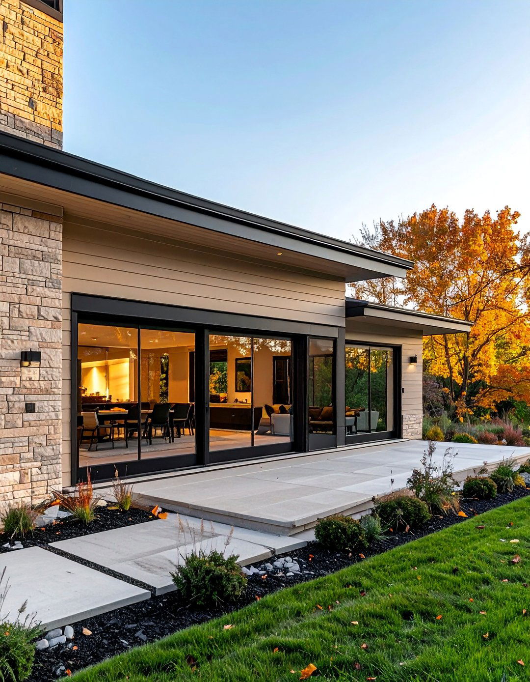 Earthy Beige Siding with Black Framed Sliding Glass Doors - 30 Beige and Black House Exterior Ideas for Curb Appeal