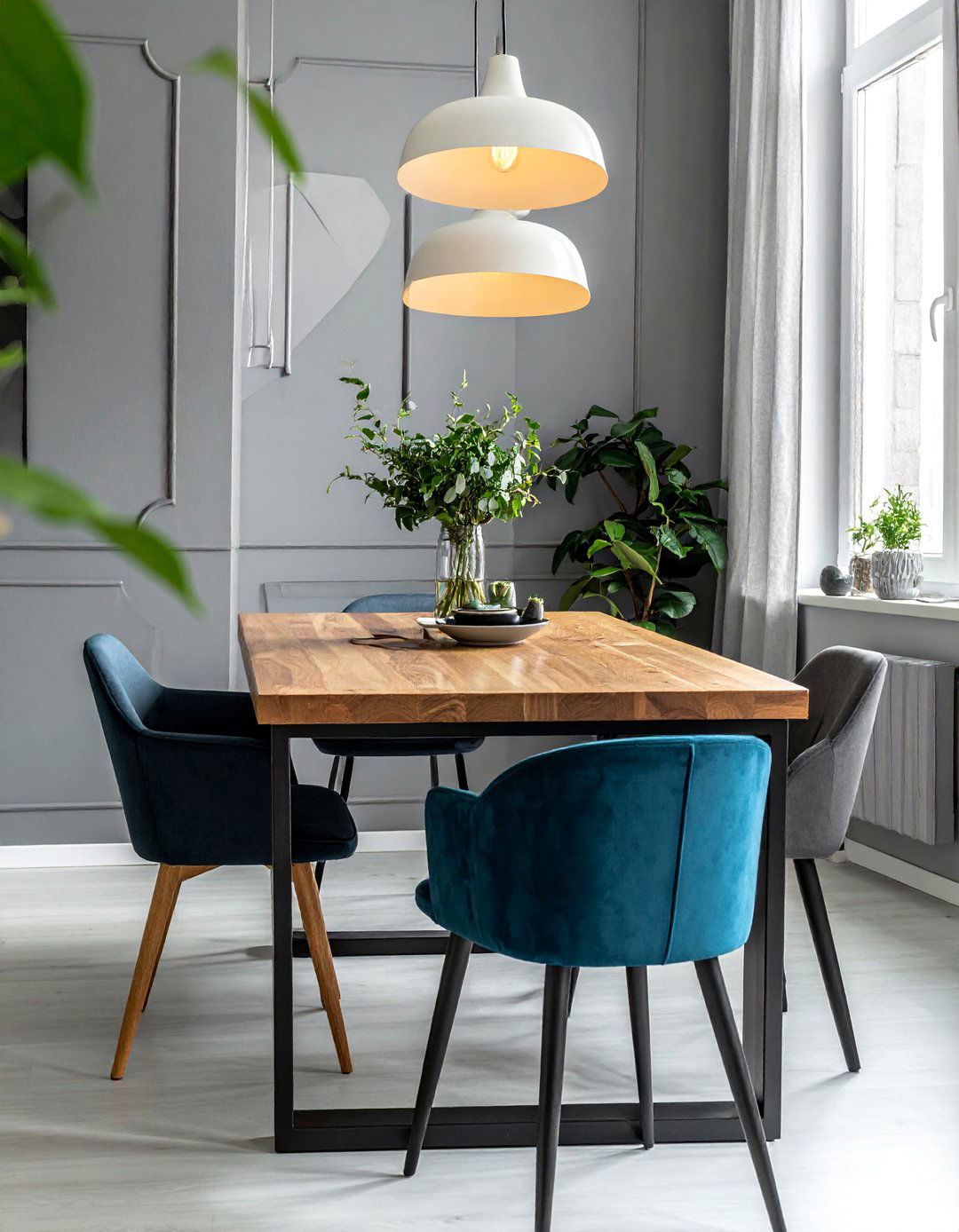 Eclectic Gray Dining Room with Mixed Seating - 25 Gray Dining Room Ideas for a Stylish Space