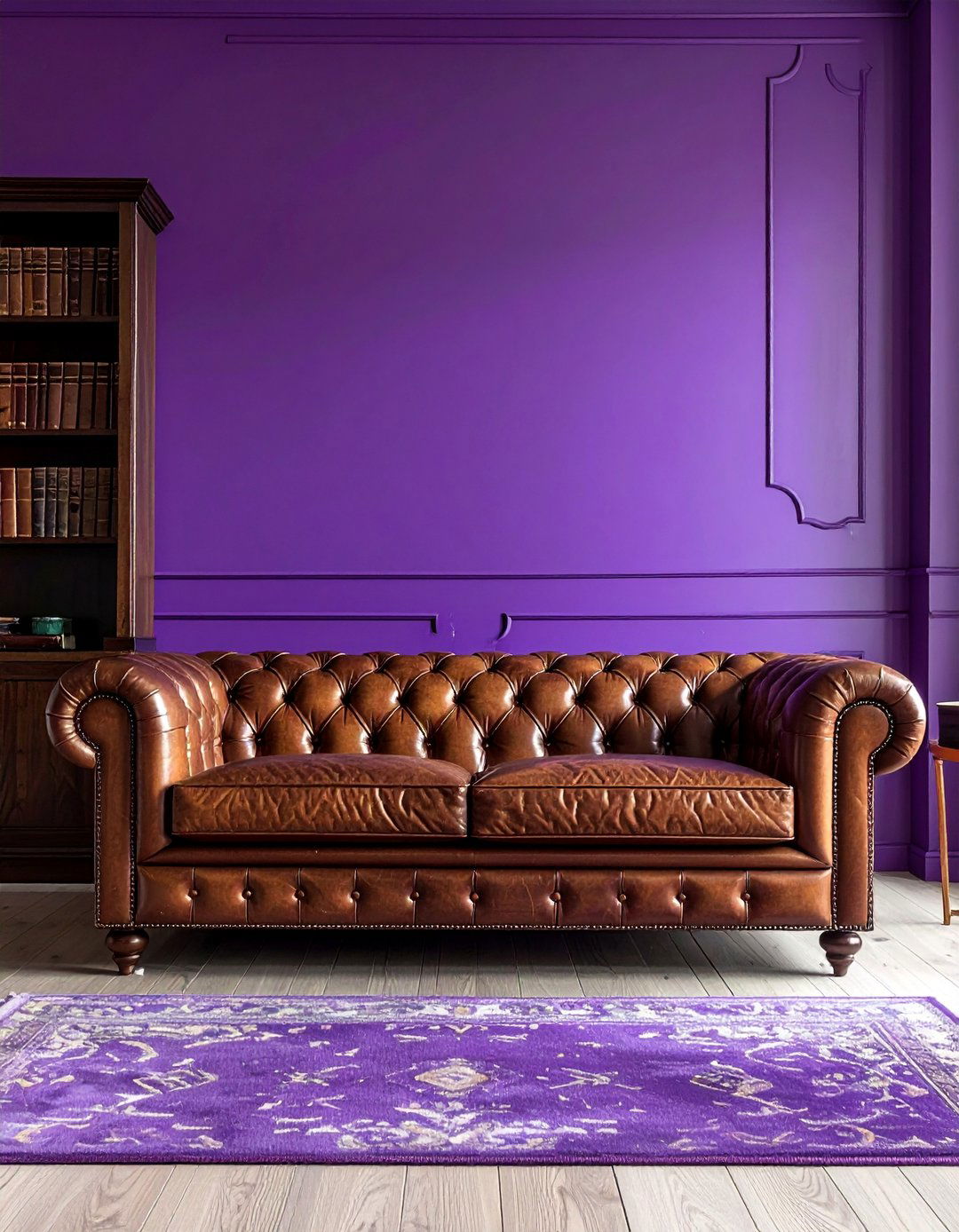 Eggplant Purple and Rich Leather Furnishings - 25 Purple Living Room Ideas for a Luxurious Vibe