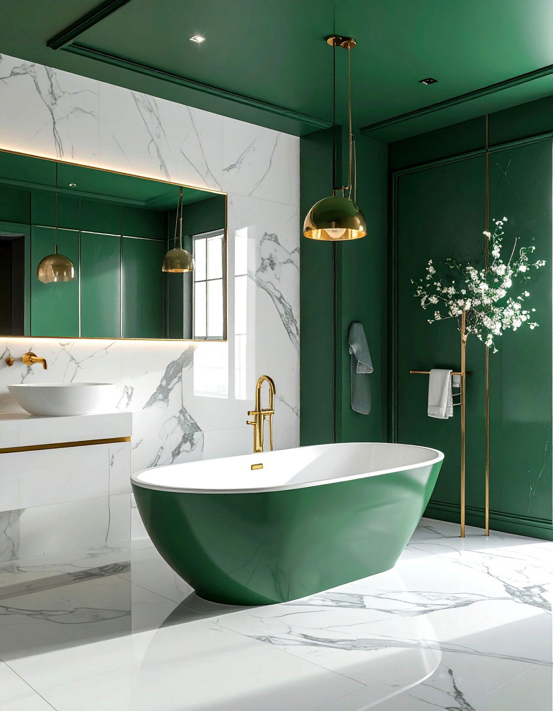 Emerald Green Ceiling with a Gold Pendant Light - 20 Green and Gold Bathroom Ideas for a Luxurious Feel