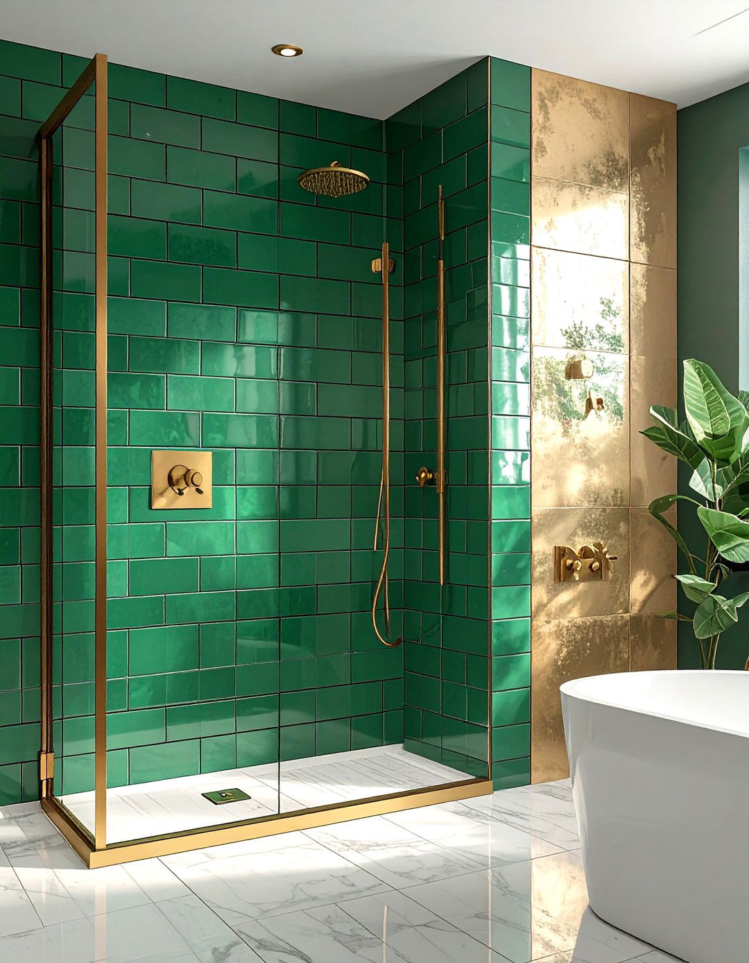Emerald Green Subway Tiles with Brushed Gold Fixtures - 20 Green and Gold Bathroom Ideas for a Luxurious Feel