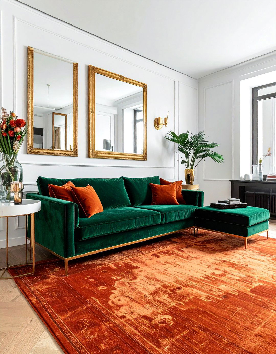 Emerald Green Velvet Sofa with a Terracotta Rug - 20 Green and Terracotta Living Room Ideas for Warmth