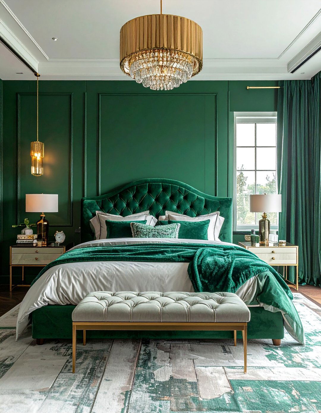 Emerald Green Walls with Velvet Textures - 30 Colorful Bedroom Ideas for a Vibrant Space