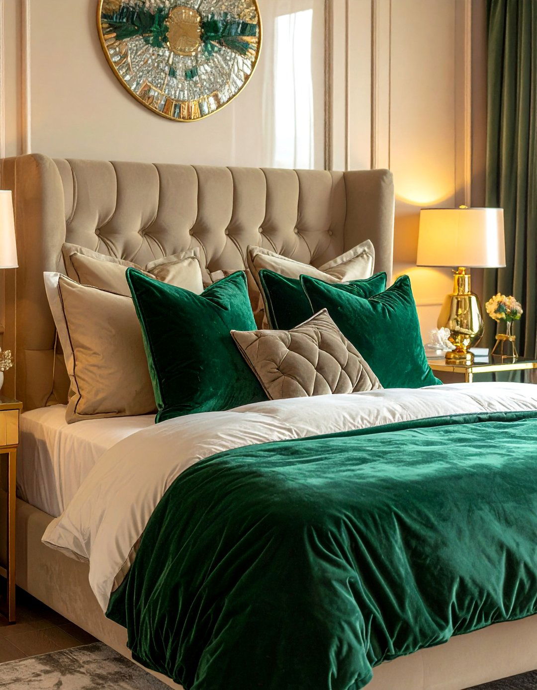 Emerald Green and Gold Accents in a Beige Bedroom - 30 Green and Beige Bedroom Ideas for Serenity