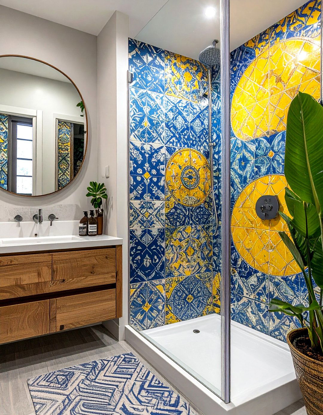 Encaustic Look Patterned Walk in Shower Wall - 30 Walk-in Shower Tile Ideas for a Luxurious Bathroom