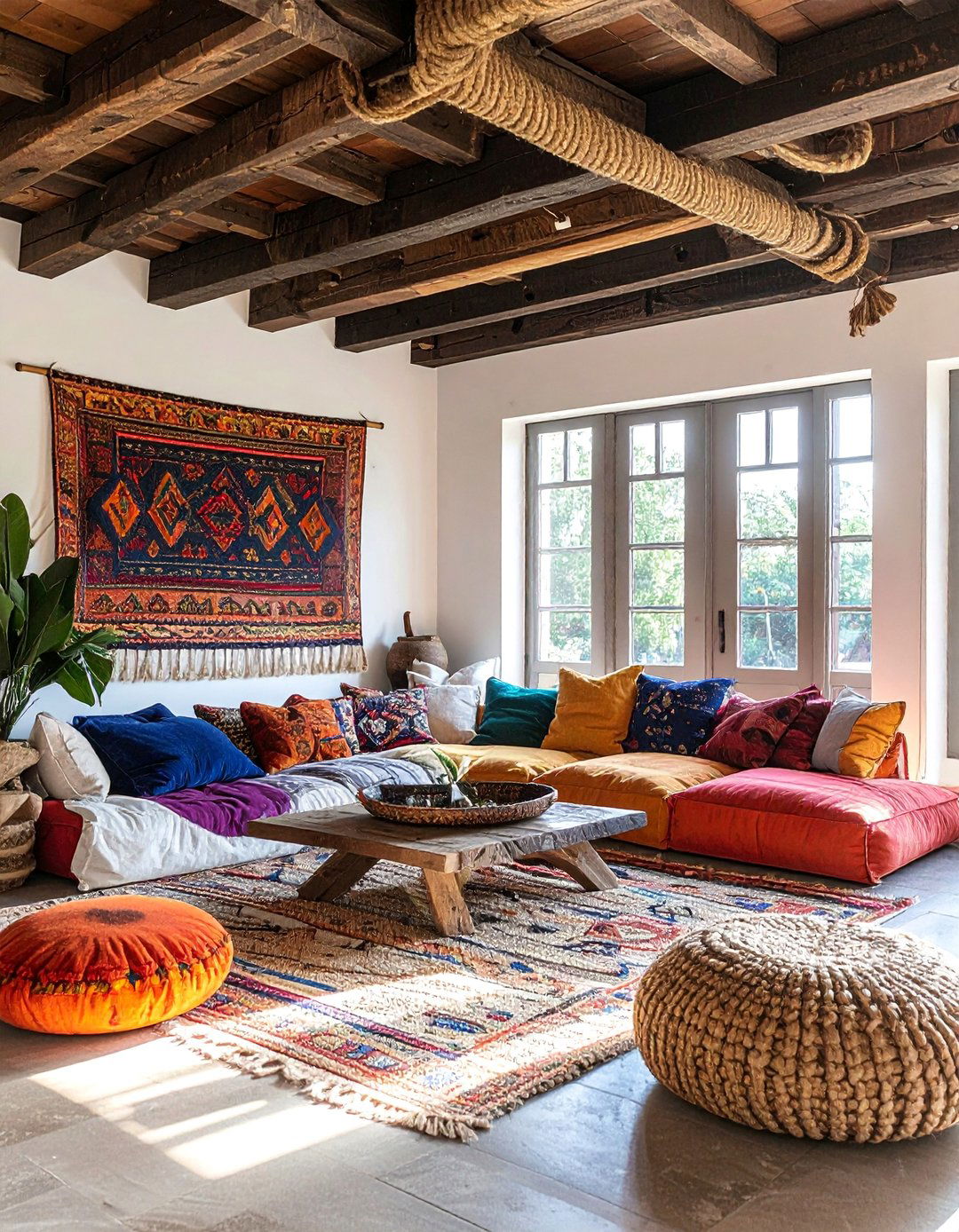 Exposed Beam Living Room Wrapped in Rope or Fabric - 25 Exposed Beam Living Room Ideas for Rustic Charm