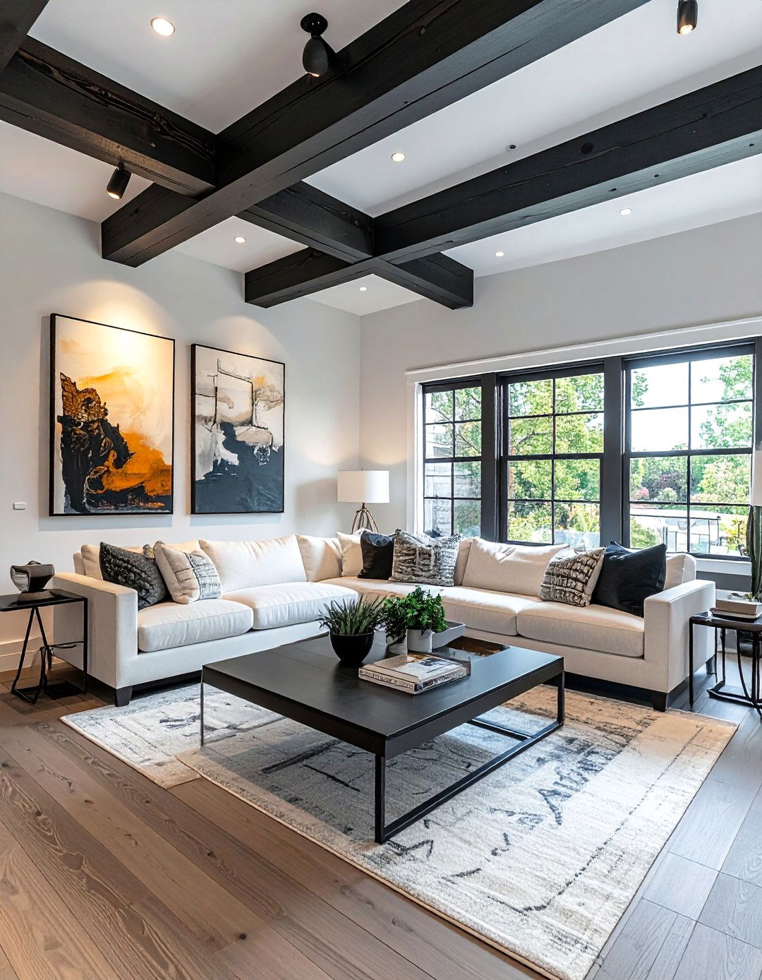 Exposed Beam Living Room with Integrated Track Lighting - 25 Exposed Beam Living Room Ideas for Rustic Charm