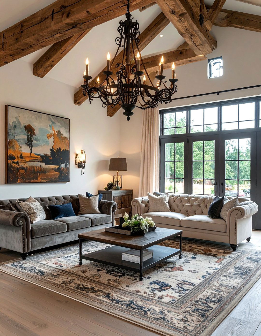 Exposed Beam Living Room with a Chandelier - 25 Exposed Beam Living Room Ideas for Rustic Charm