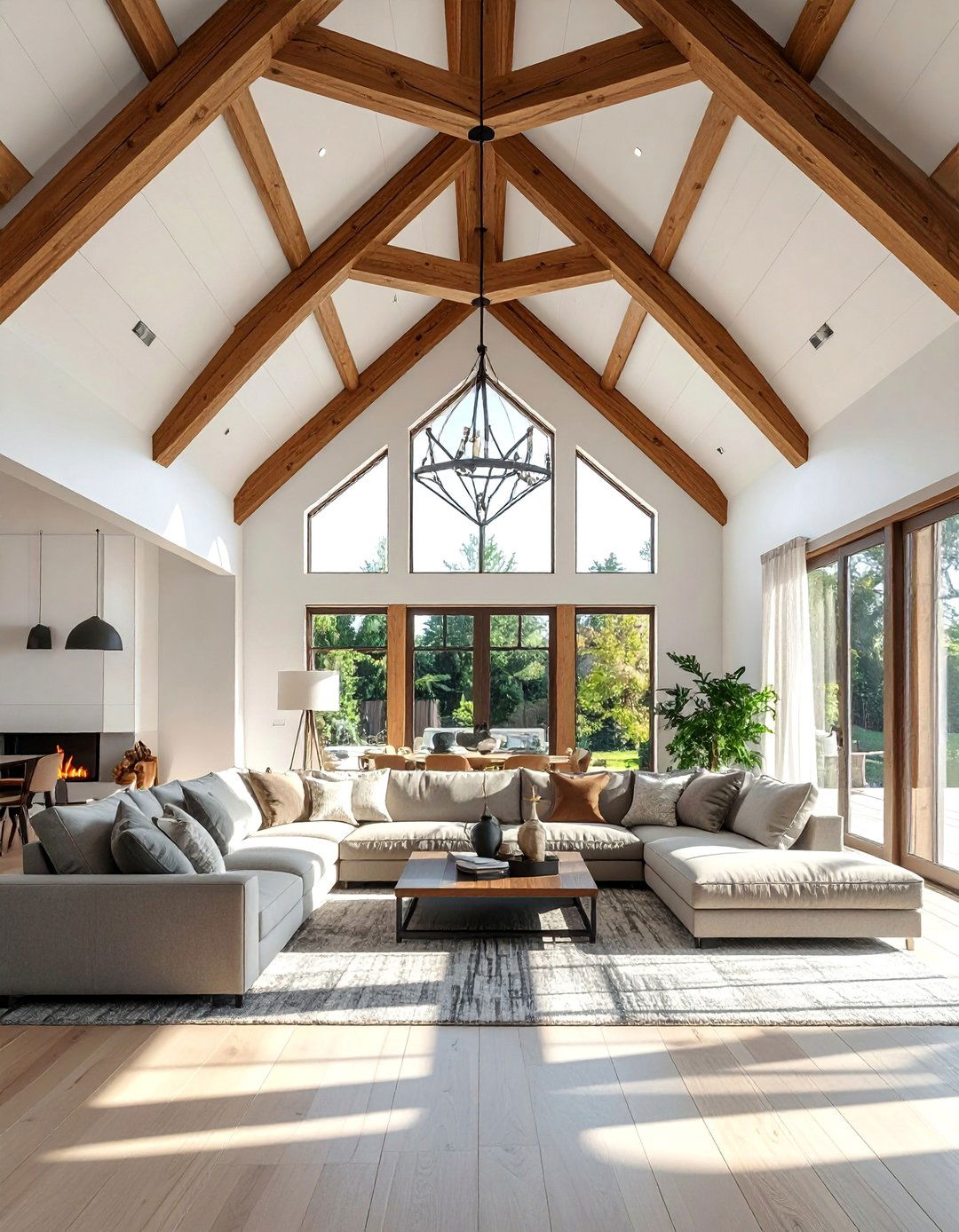Exposed Beam Living Room with a Geometric Truss Design - 25 Exposed Beam Living Room Ideas for Rustic Charm