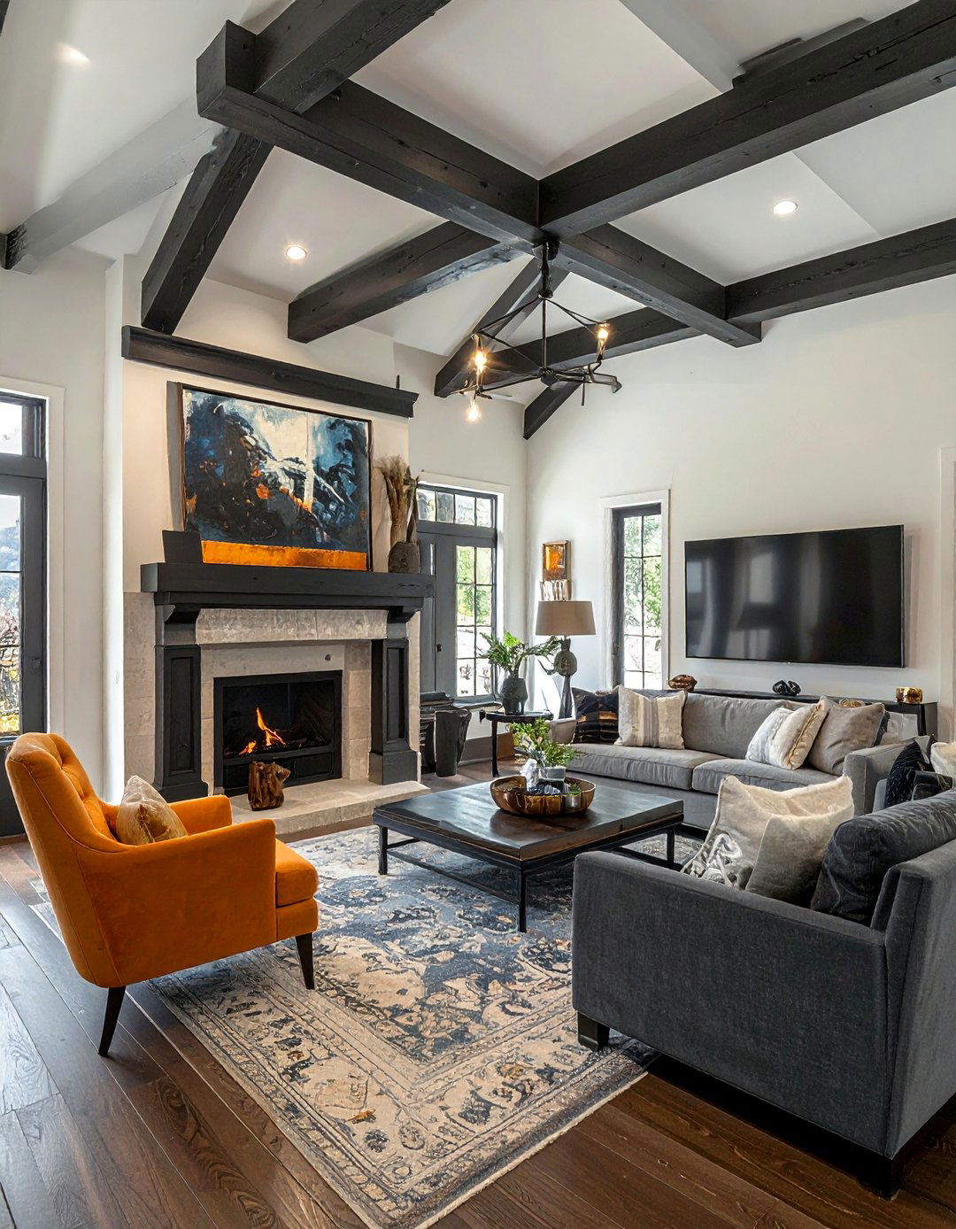 Exposed Beam Living Room with a Matching Mantel - 25 Exposed Beam Living Room Ideas for Rustic Charm