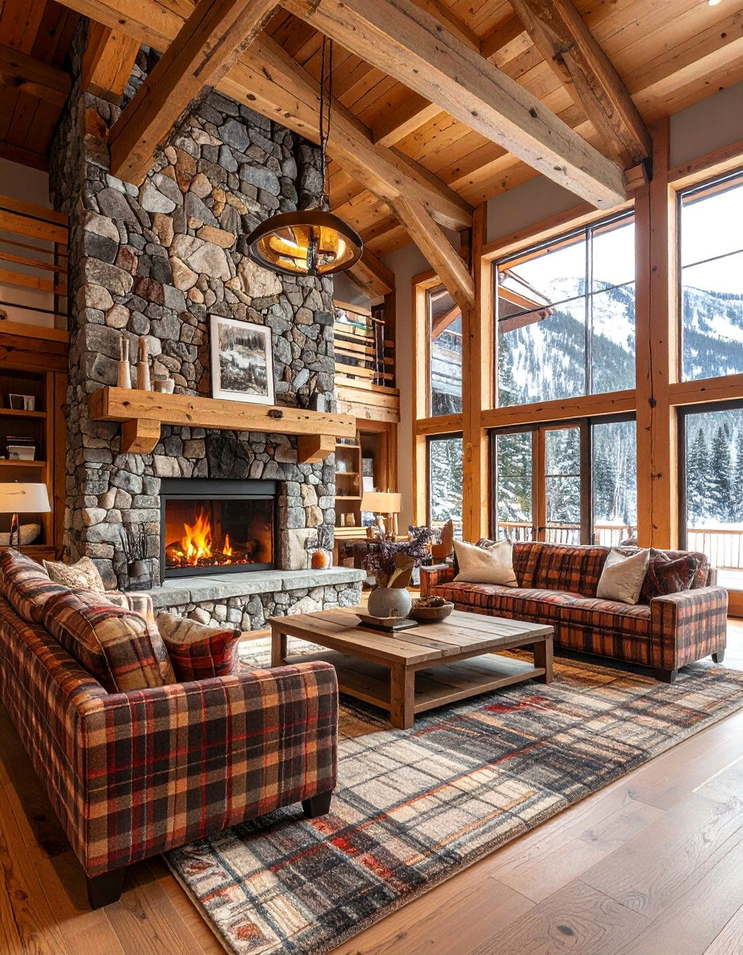 Exposed Beam Living Room with a Stone Fireplace - 25 Exposed Beam Living Room Ideas for Rustic Charm