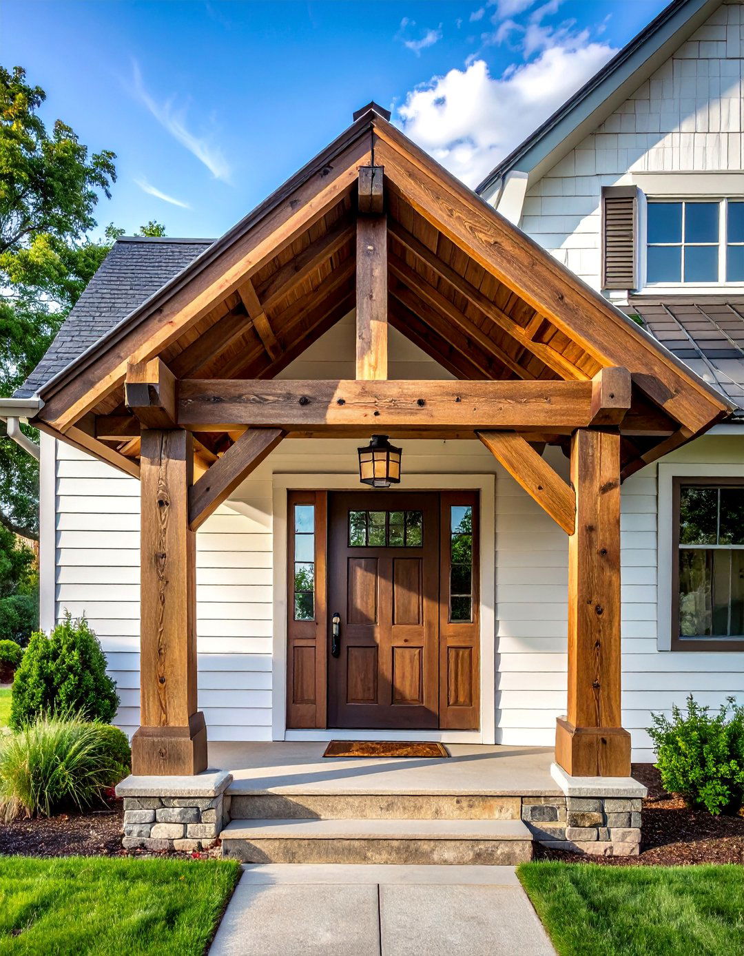 Farmhouse Style Timber Frame Front Door Canopy - 20 Front Door Canopy Ideas for a Welcoming Entrance