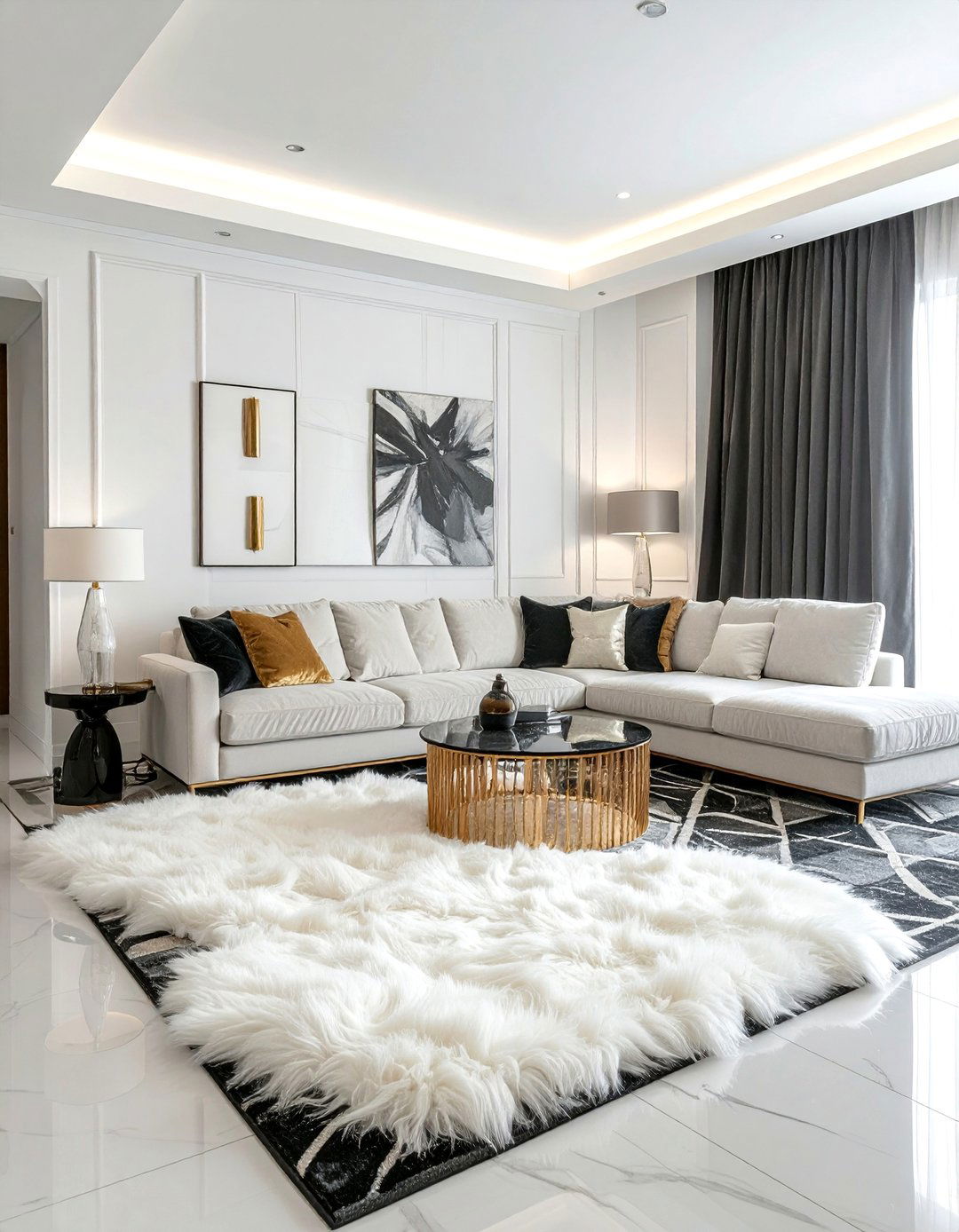 Faux Fur Throws and Rugs in an Art Deco Living Room