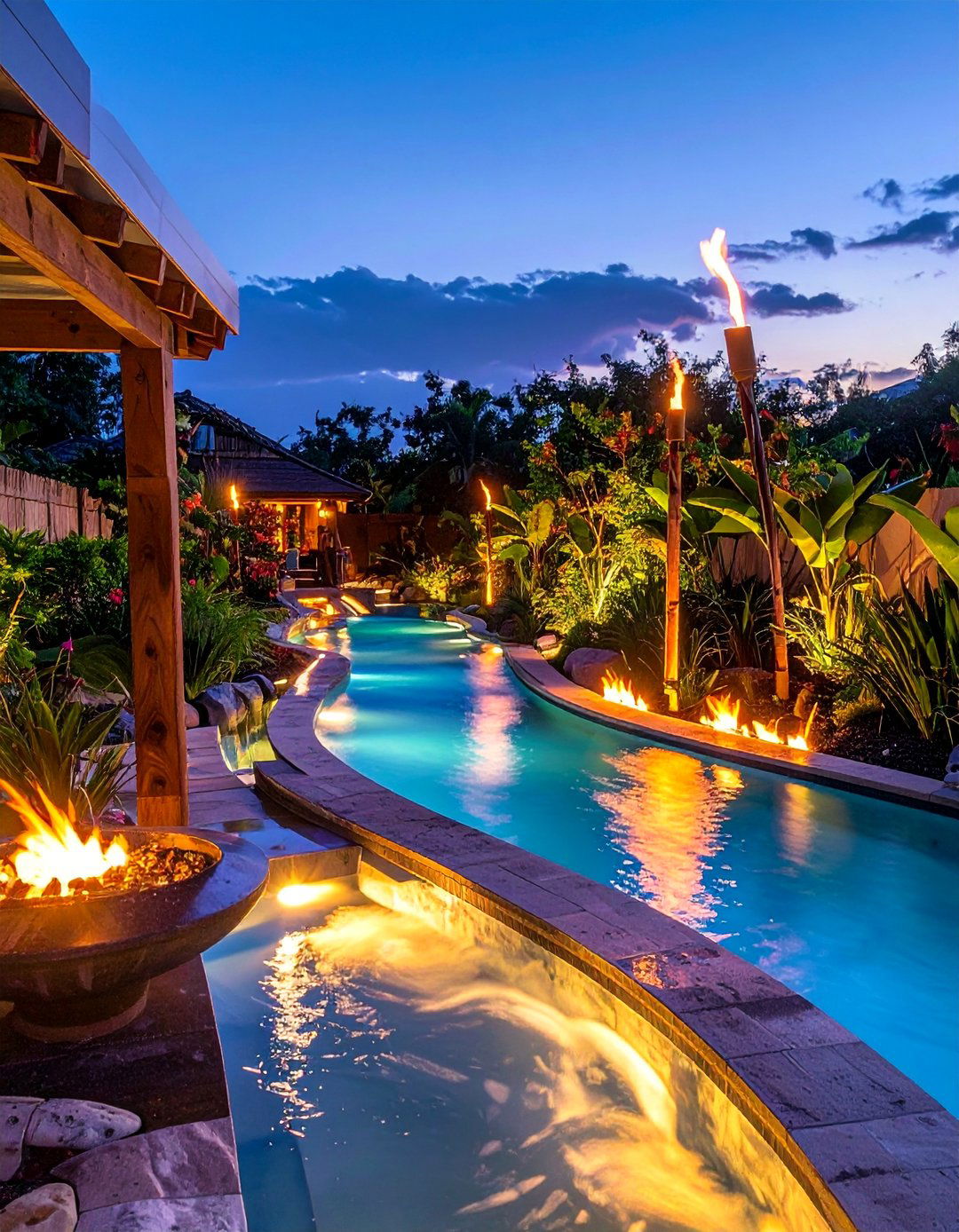 Fire Feature Lazy River Evening Escape - 20 Lazy River Swimming Pool Ideas for Backyard Bliss